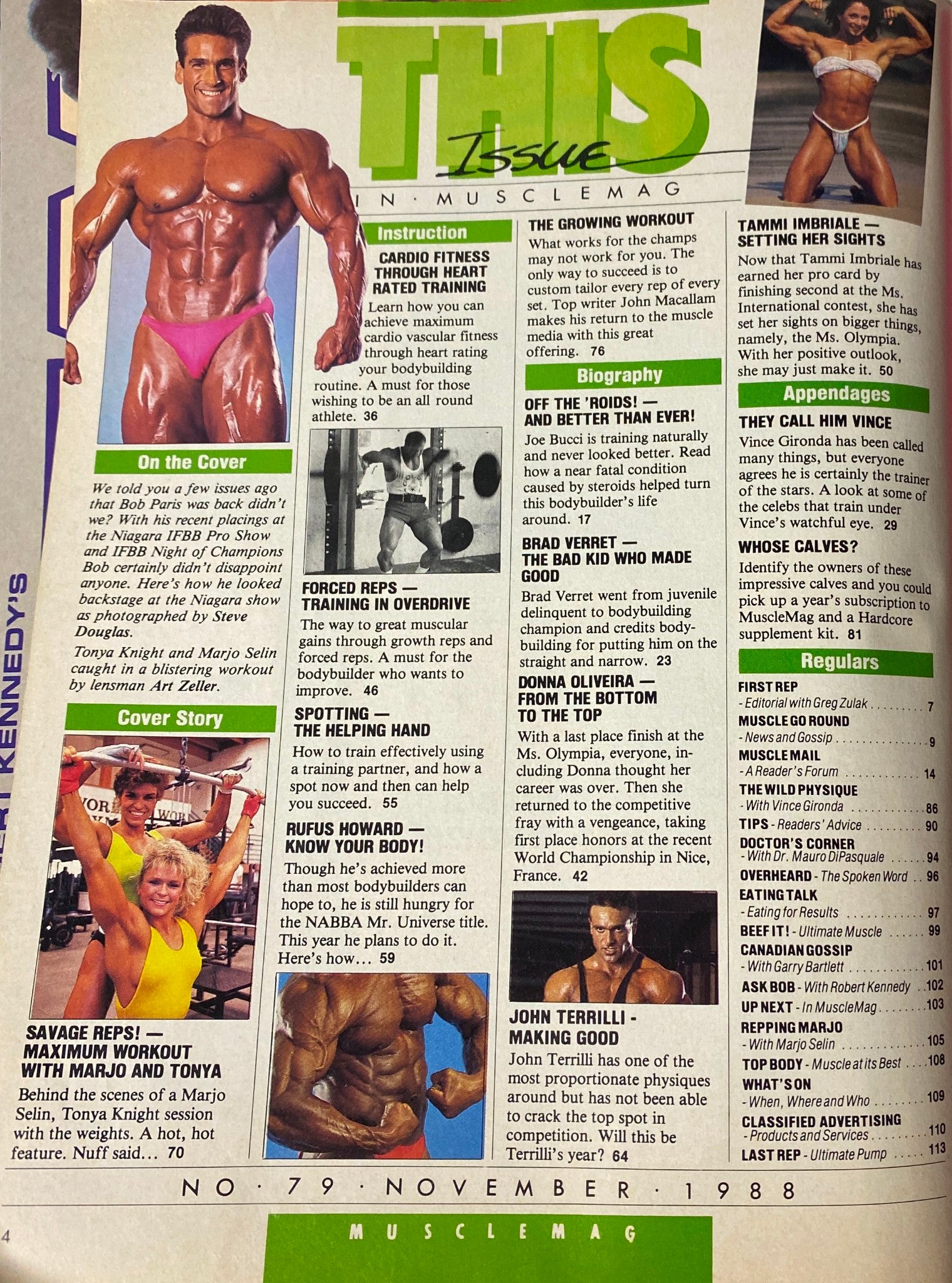 Contents page from MuscleMag International Magazine November 1988 No. 79 detailing articles including 'Cardio Fitness' and 'Forced Reps' with a focus on bodybuilding training.