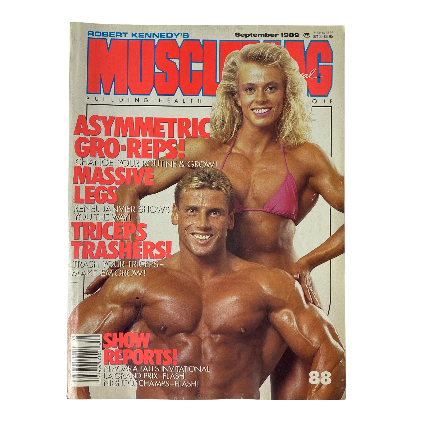 Cover of MuscleMag International Magazine September 1989 featuring Anja Schreiner and Ronald Matz, showcasing bodybuilding tips and techniques.