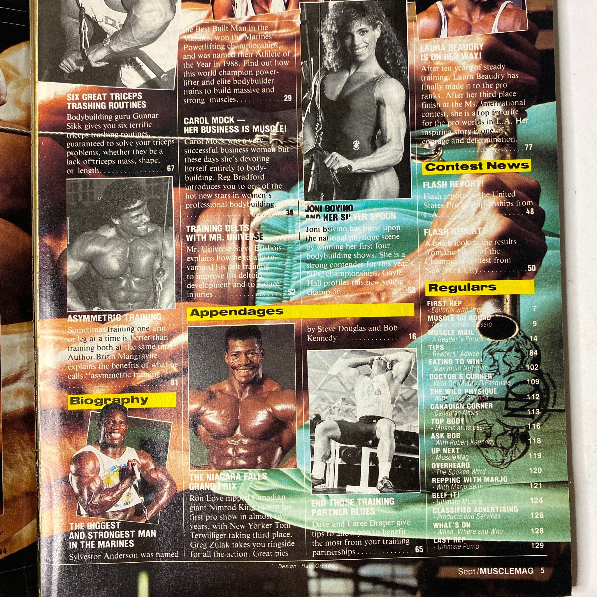 Another inside page of MuscleMag International Magazine September 1989, featuring contest news and profiles of bodybuilders, detailing training routines and achievements.