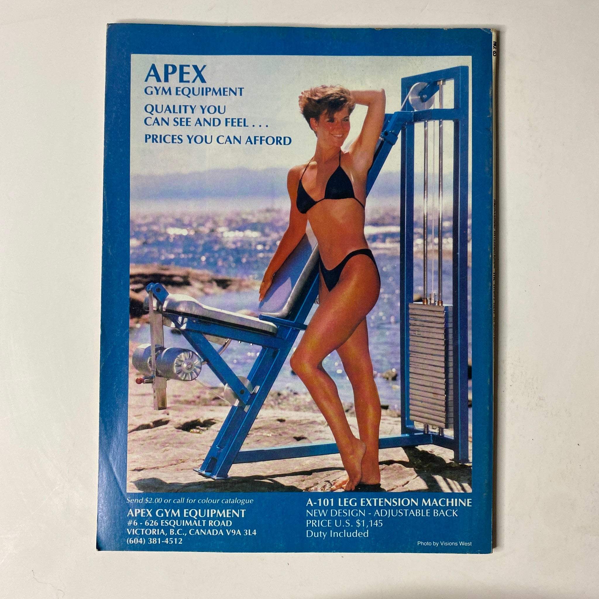 Back cover of MuscleMag International Magazine June 1989 showcasing APEX gym equipment, highlighting quality and affordability for fitness enthusiasts.