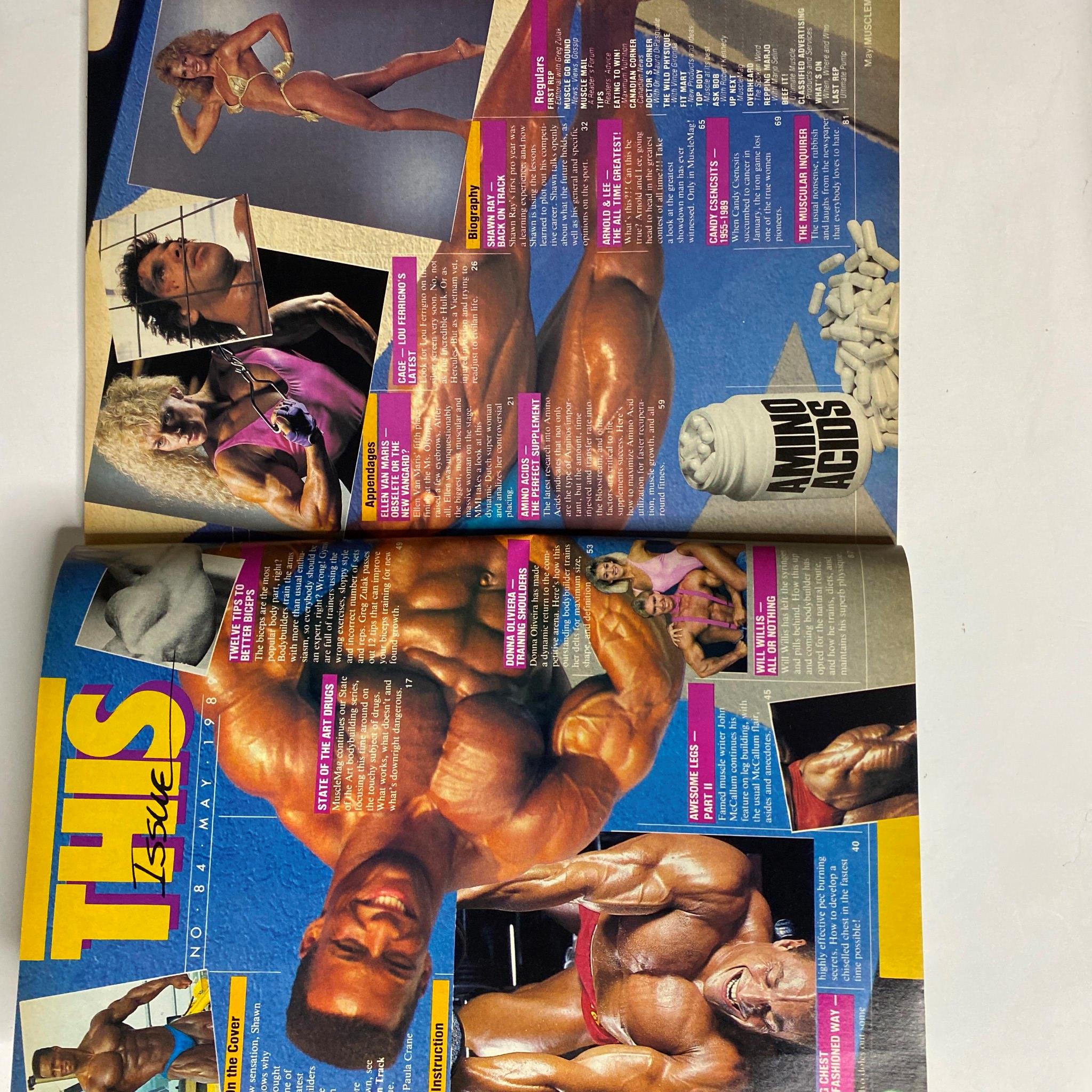 Inside spread of MuscleMag International Magazine May 1989 No. 84 showcasing various bodybuilding articles and imagery, including Shawn Ray's profile and fitness insights.