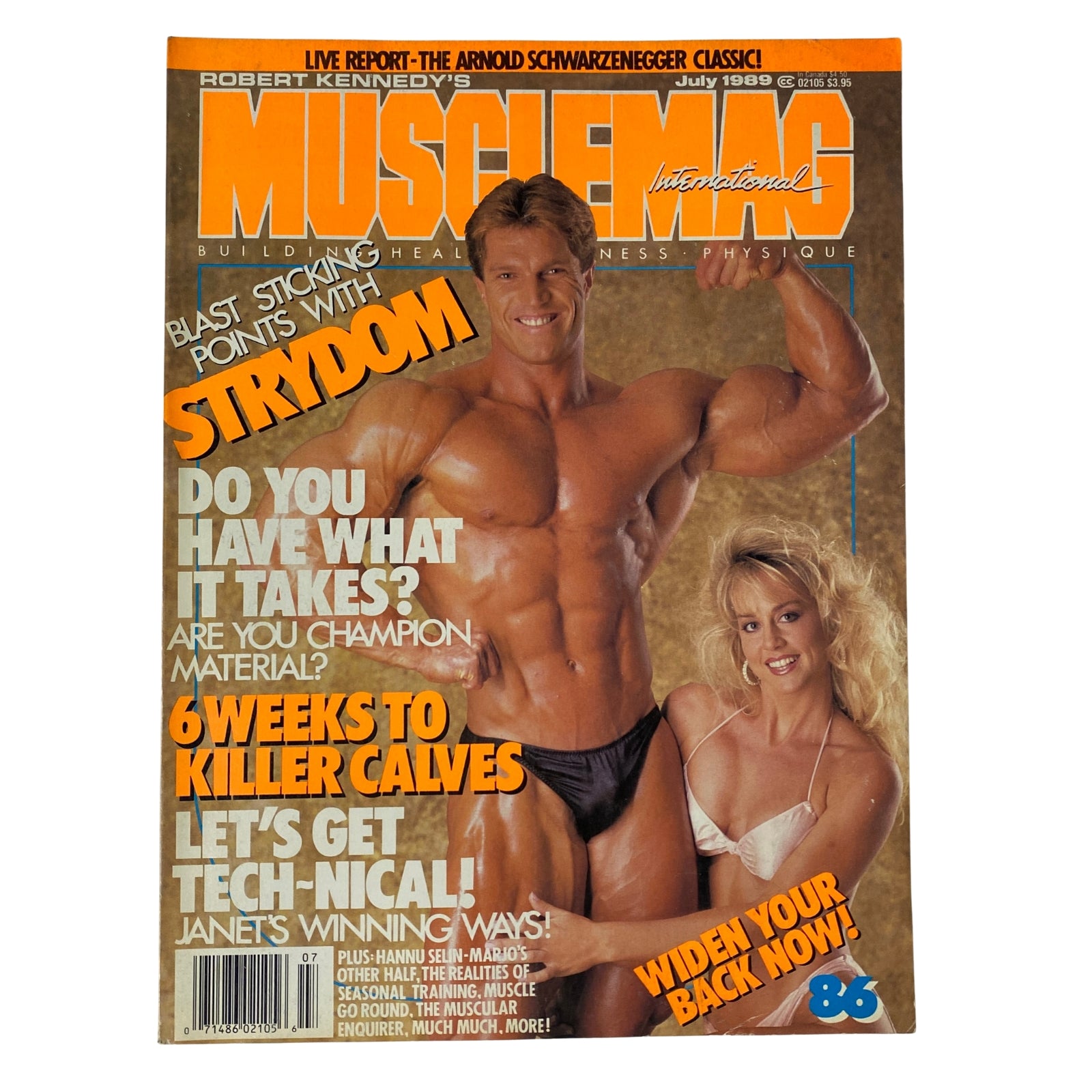 Cover of MuscleMag International Magazine July 1989 featuring Gary Strydom, showcasing bodybuilding themes and fitness tips.