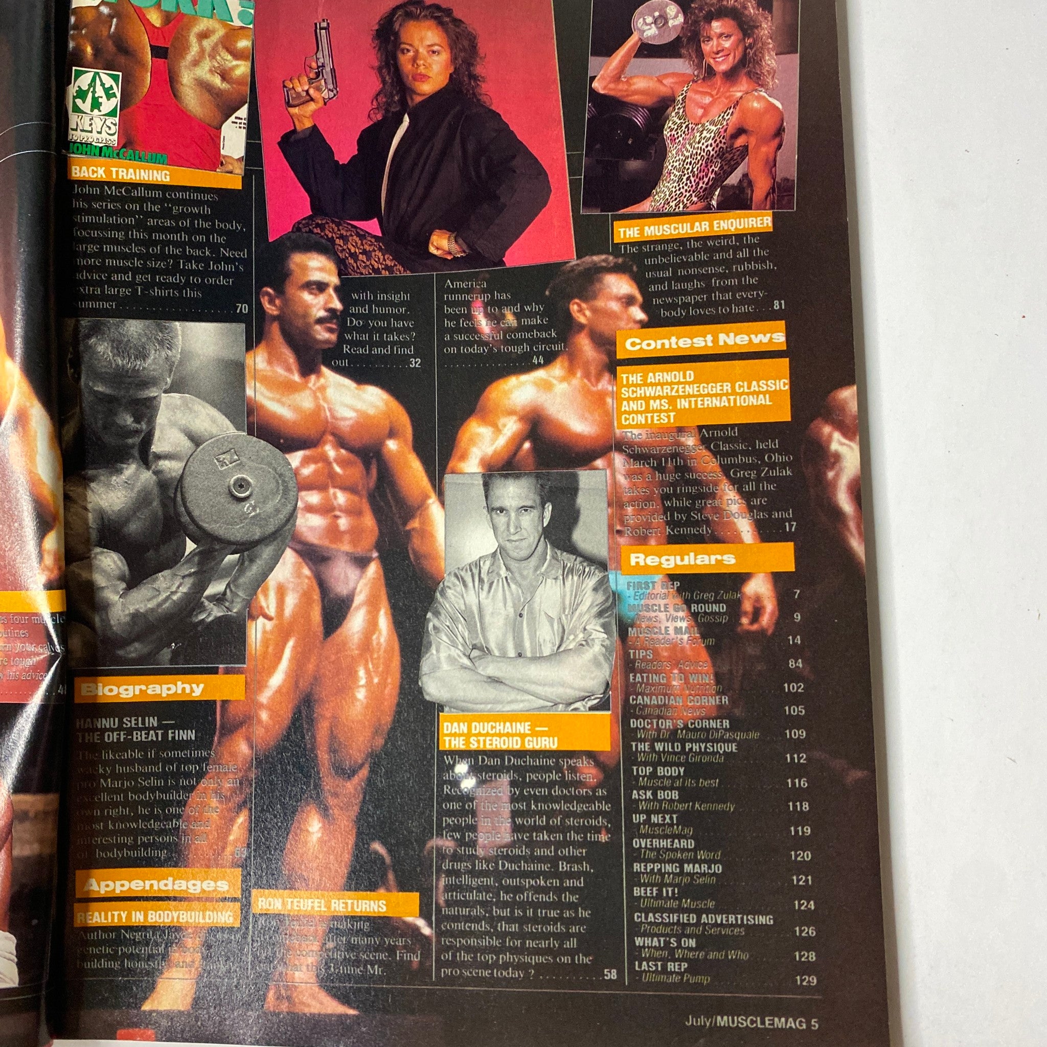 Interior page of MuscleMag International Magazine July 1989 with various bodybuilding articles, including contest news and regular features.