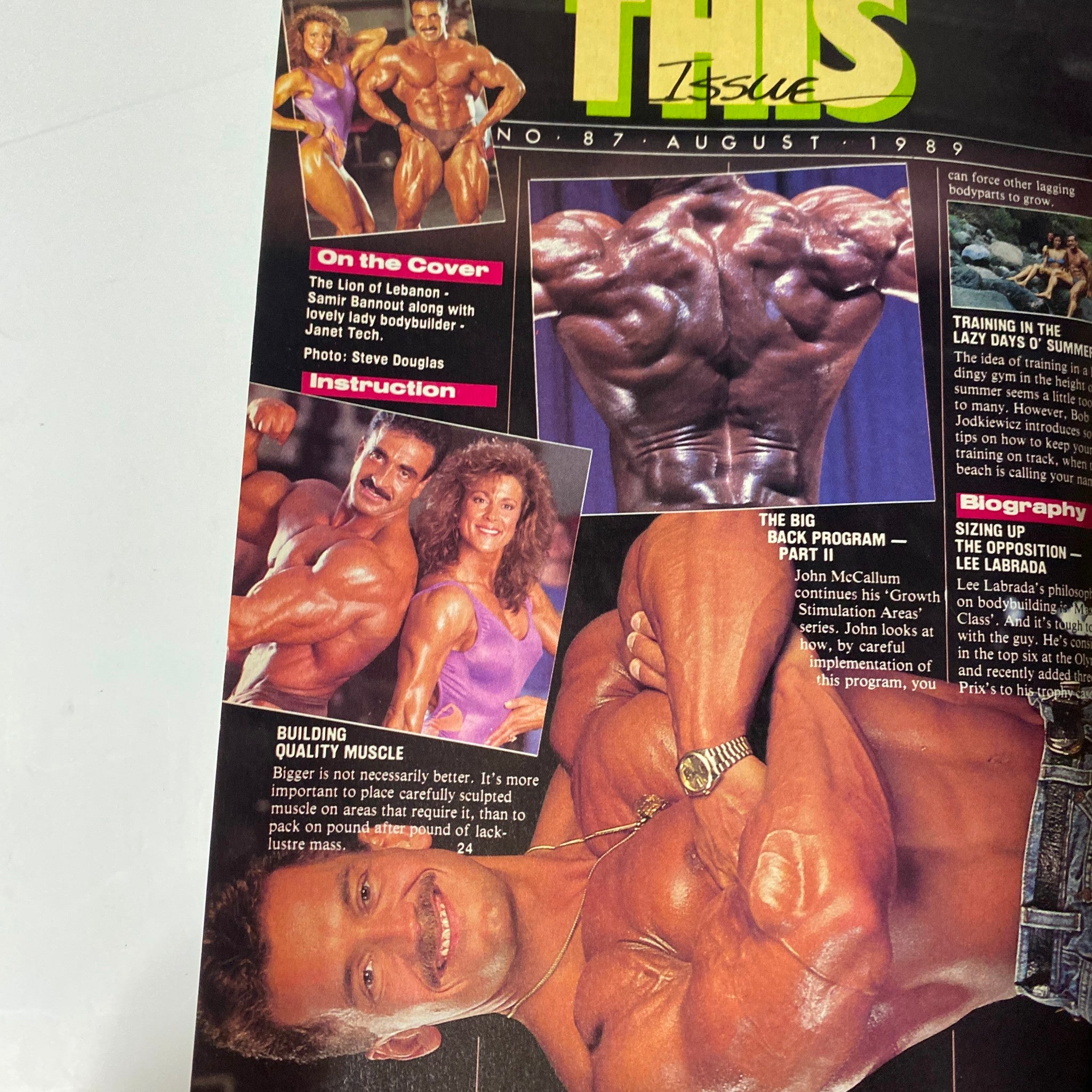 Inside page from MuscleMag International Magazine August 1989 No. 87 displaying a detailed article about training techniques, bodybuilding aesthetics, and an image of Samir Bannout.