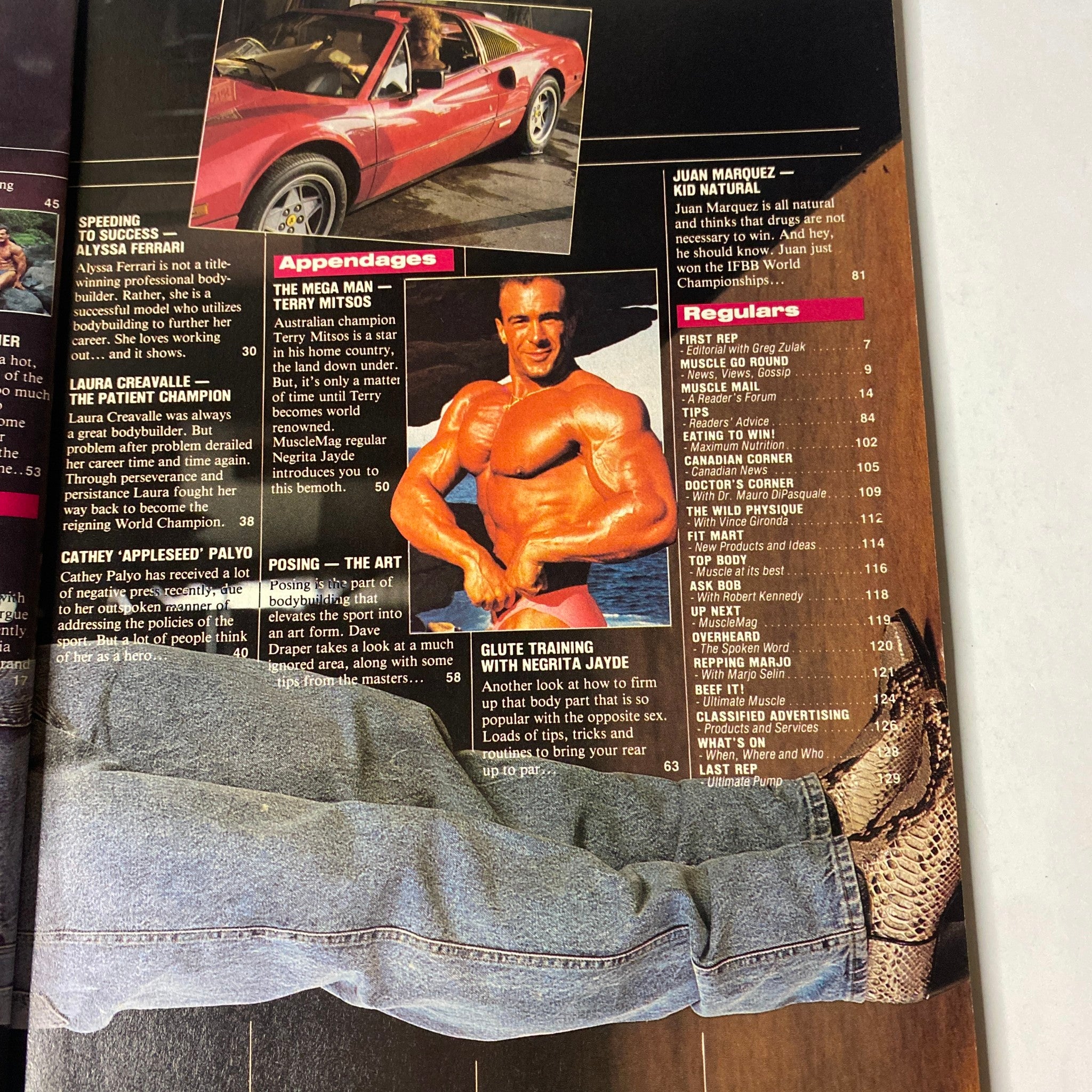 Another inside page of MuscleMag International Magazine August 1989 No. 87 featuring bodybuilding tips and a highlight on muscle posing techniques with a picture of a well-defined physique.