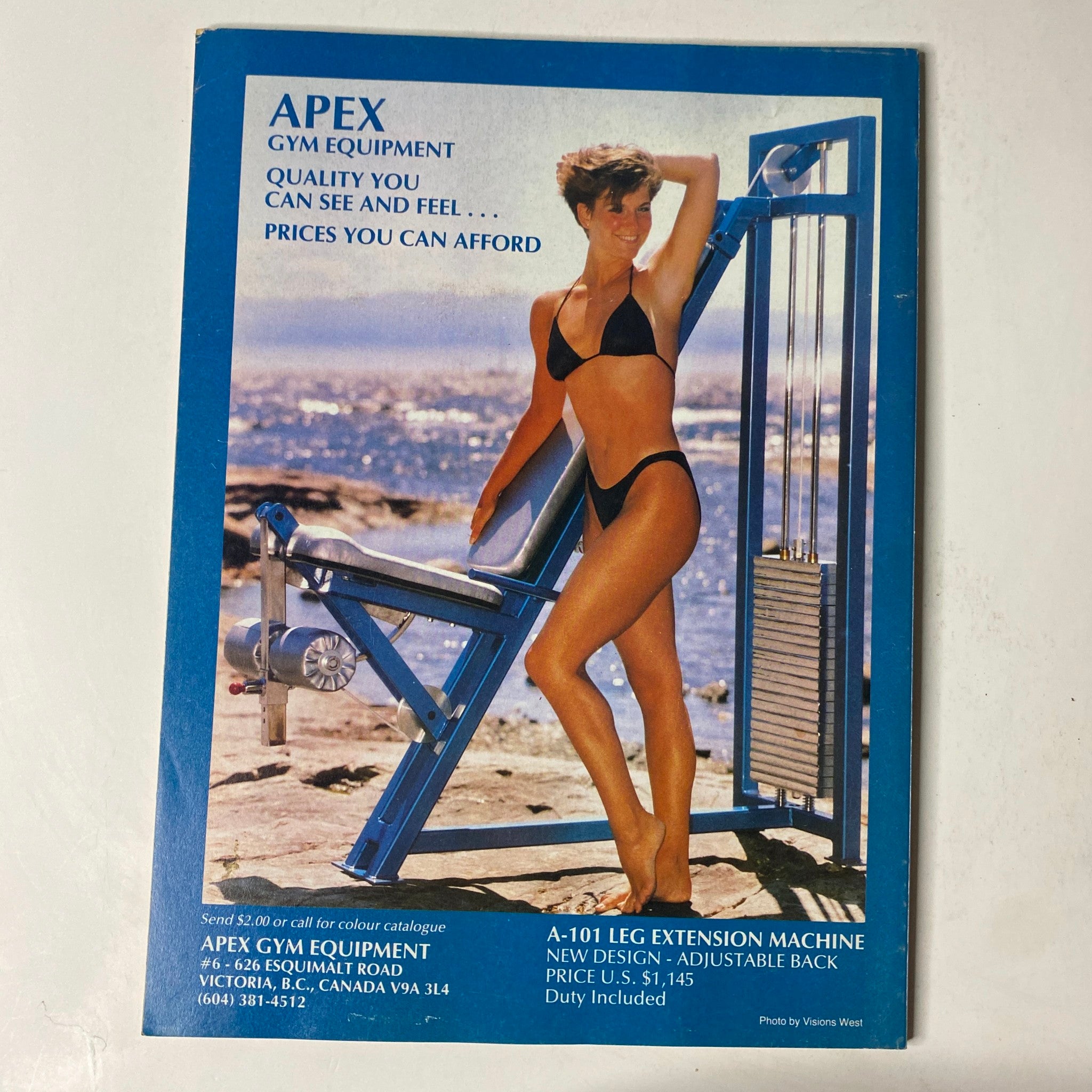 Advertisement page in MuscleMag International Magazine August 1989 No. 87 showcasing APEX gym equipment with a model demonstrating fitness gear, emphasizing quality and affordability.