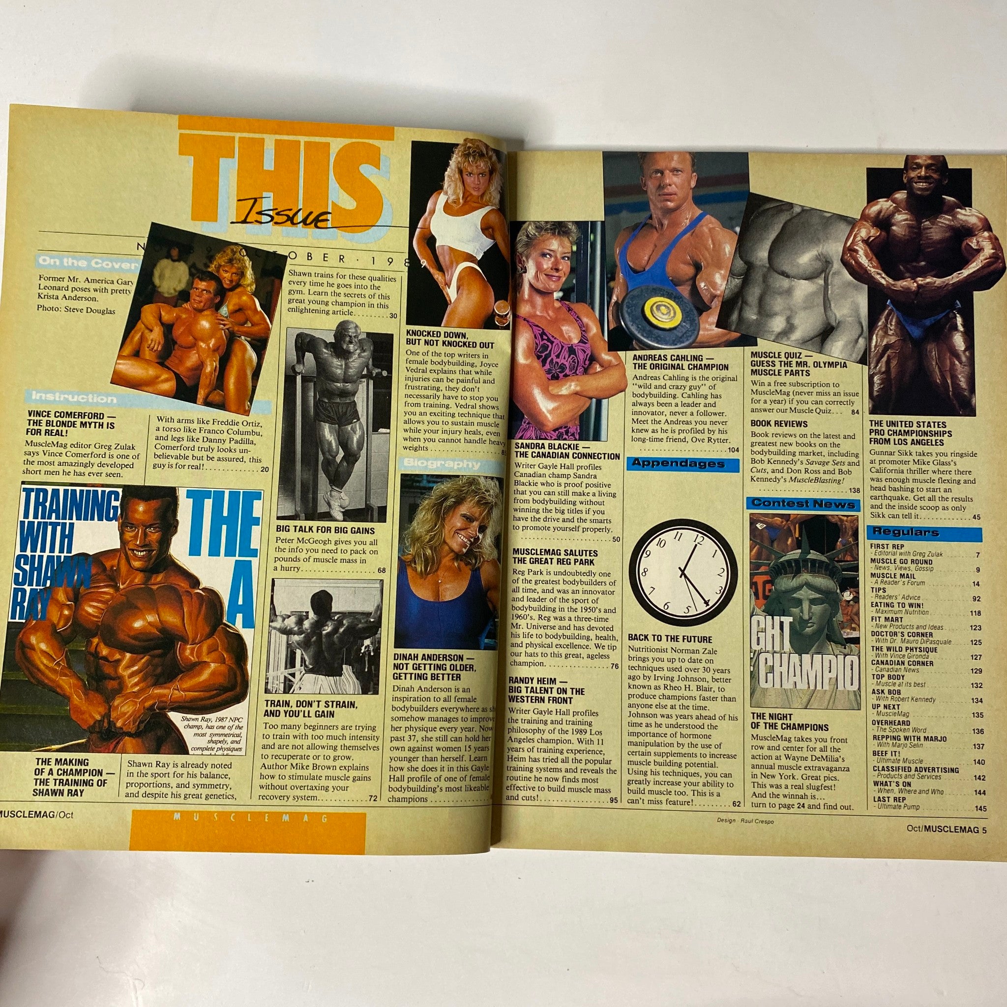 Interior page spread from MuscleMag International Magazine October 1989 featuring bodybuilding highlights and contest coverage, showcasing prominent athletes of the era such as Leonard and Krista Anderson.