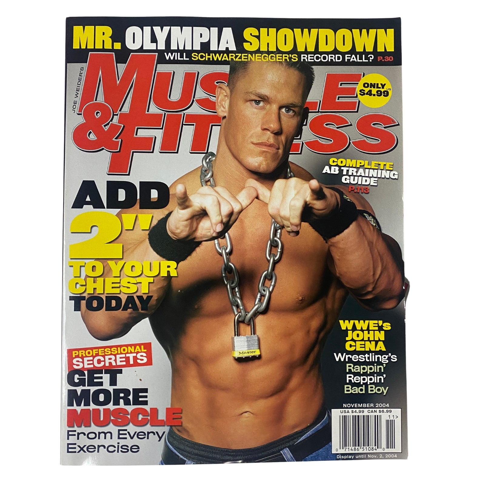 Muscle & Fitness Magazine November 2004 featuring WWE's John Cena on the cover, showcasing fitness tips and bodybuilding techniques, priced at $4.99.
