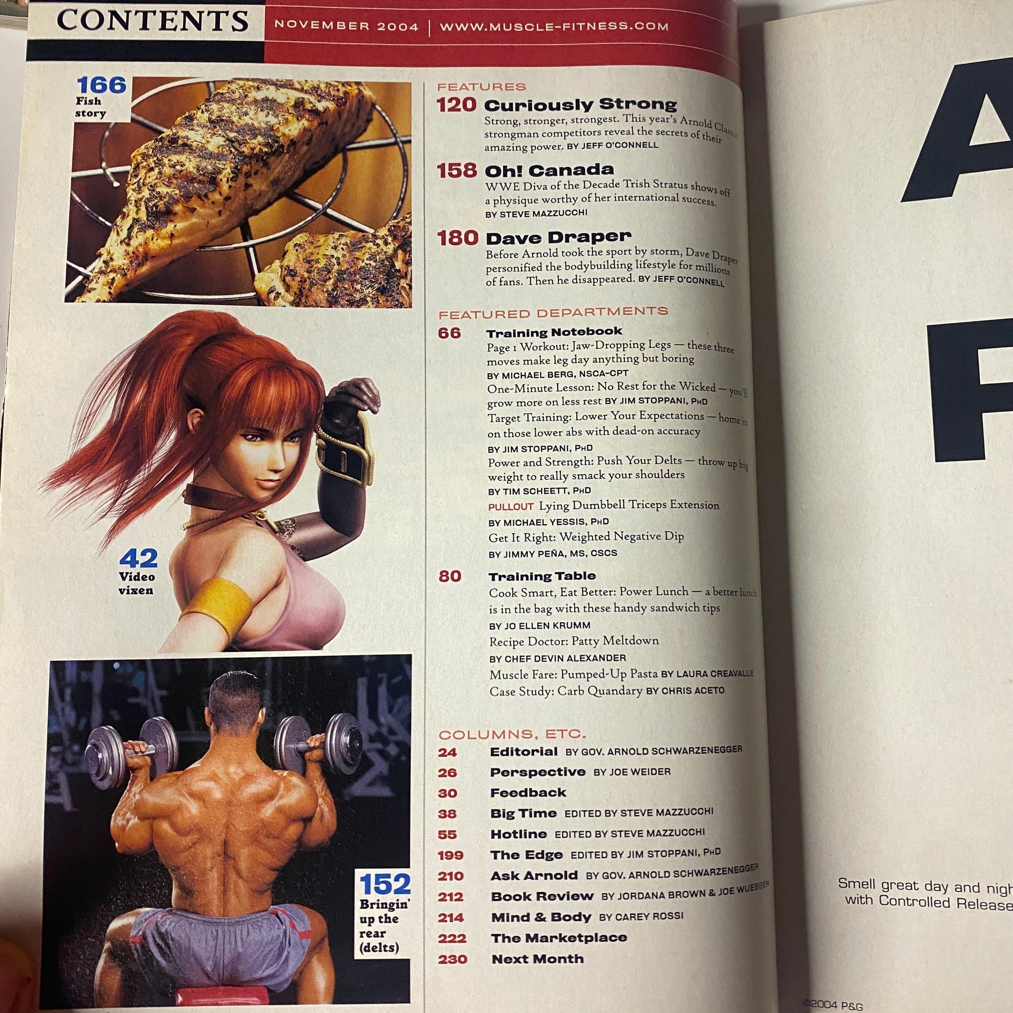 Contents page of Muscle & Fitness Magazine November 2004, highlighting features on Arnold Classic strongman, WWE Diva Trish Stratus, and legendary bodybuilder Dave Draper.