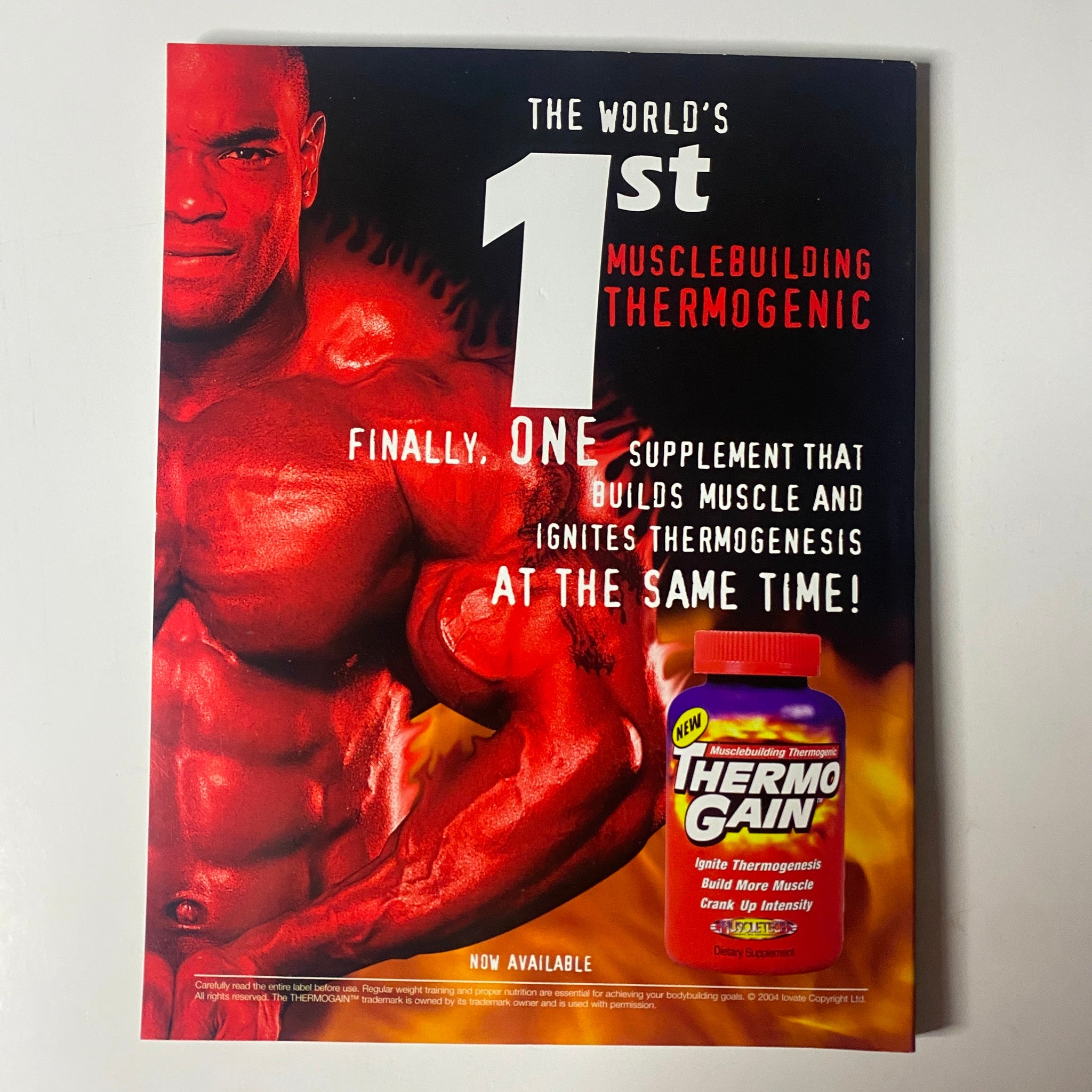 Back cover of Muscle & Fitness Magazine November 2004 advertising the world's first muscle building thermogenic supplement, ThermoGain, designed to build muscle and ignite thermogenesis.