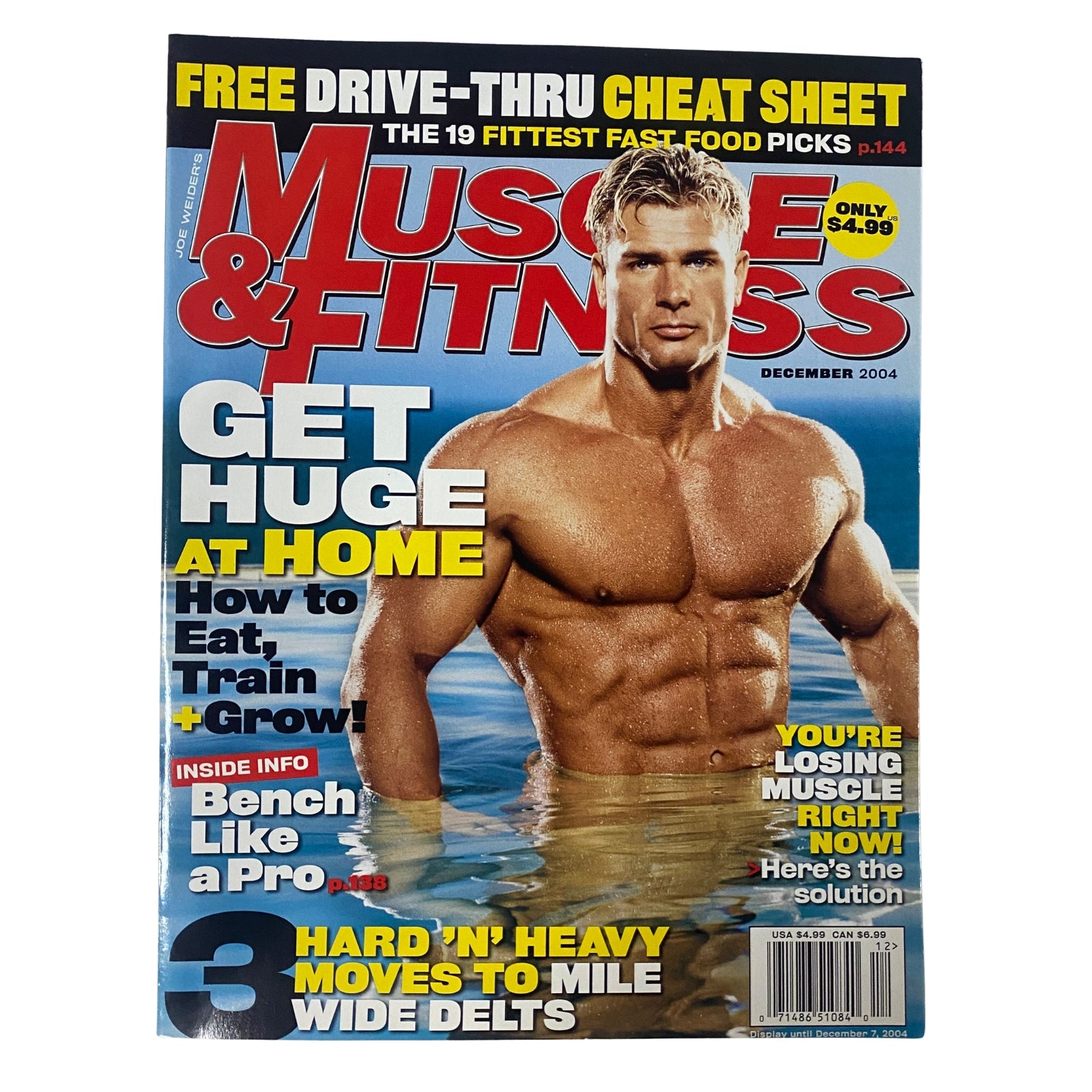 Muscle & Fitness Magazine December 2004 Vol 65 No. 12 featuring David Rylah on the cover with the title 'Get Huge at Home' and highlighting fitness strategies and nutrition tips.