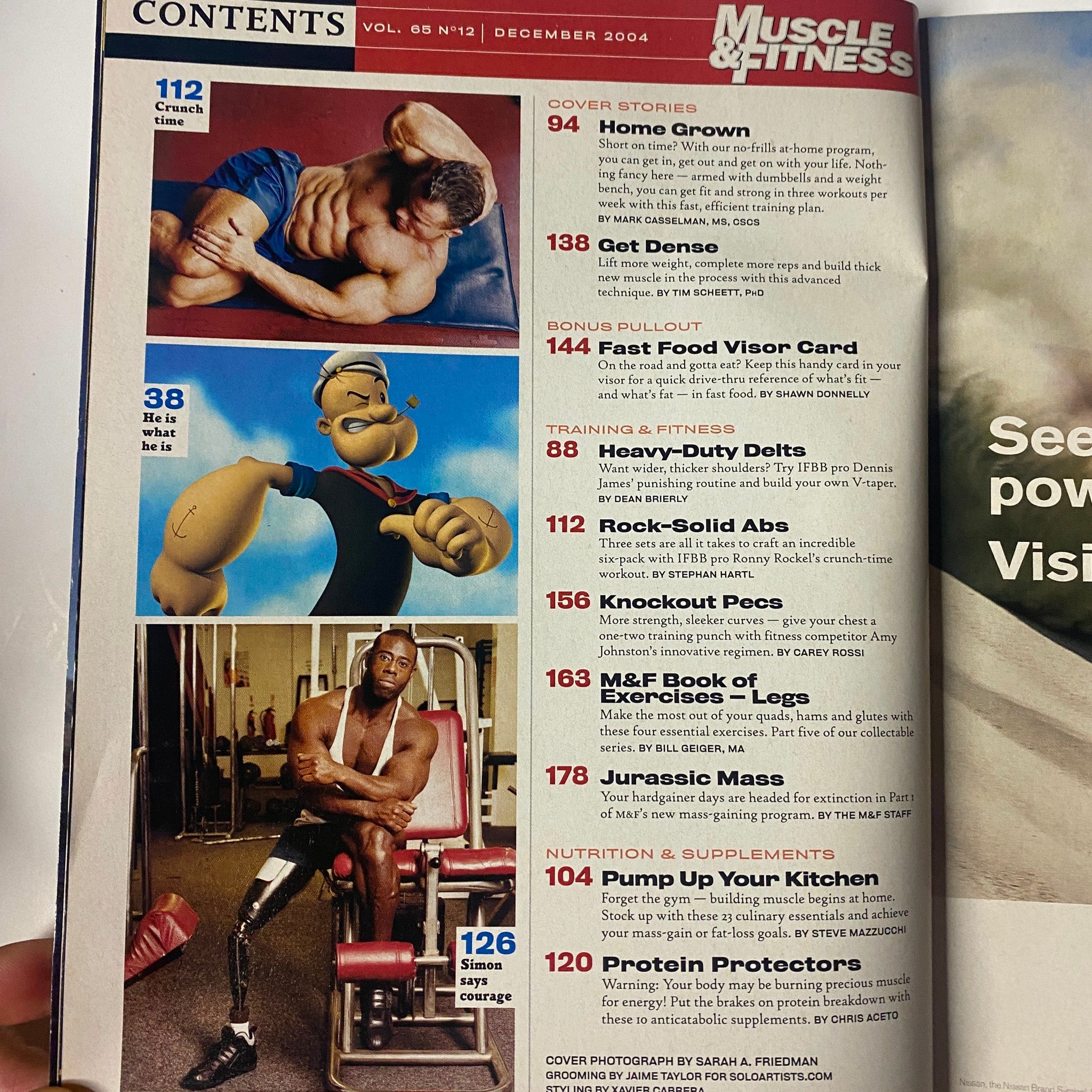Contents page of Muscle & Fitness Magazine December 2004 Vol 65 No. 12 listing feature articles including 'Home Grown,' 'Fast Food Visor Card,' and various workout routines and nutrition advice.