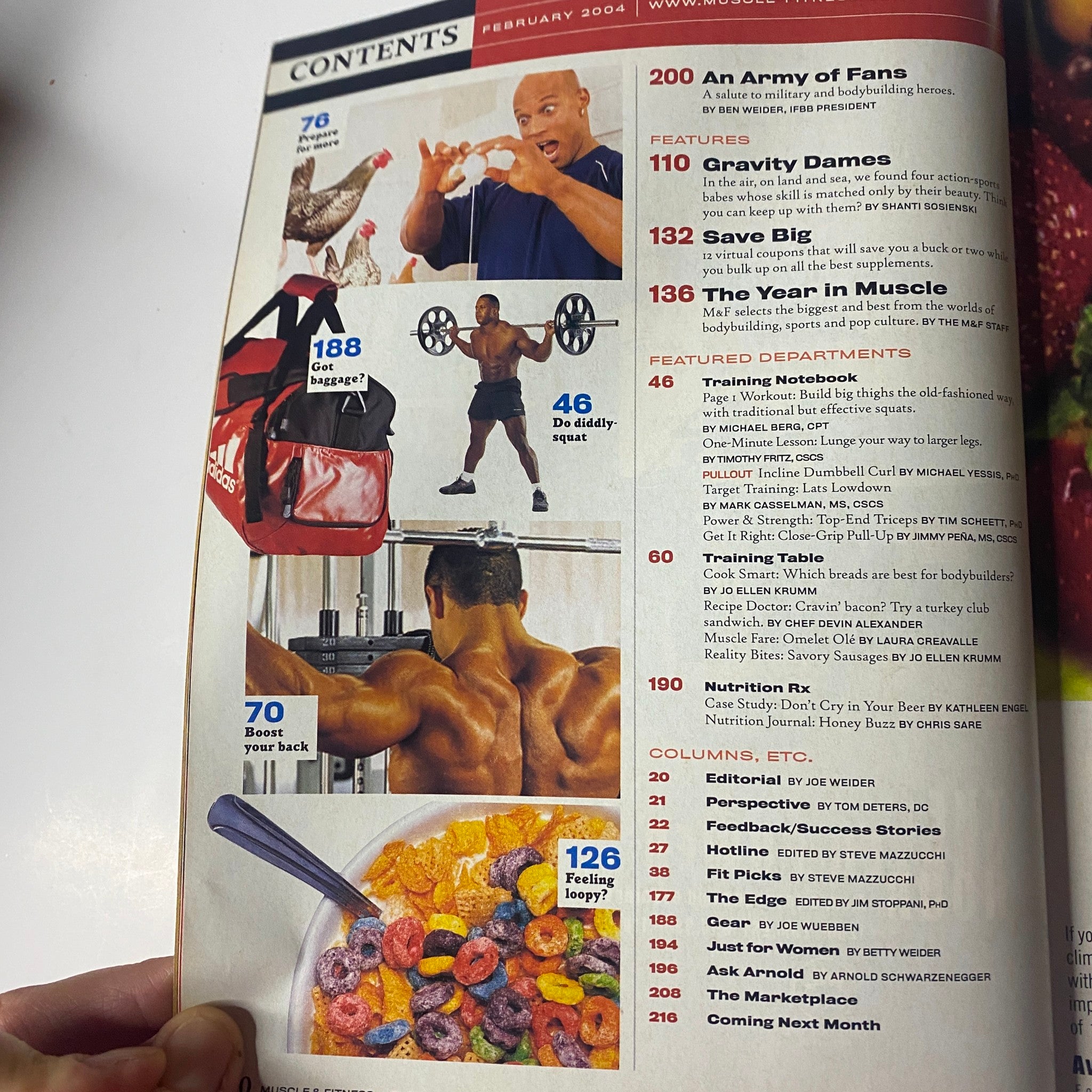 Contents page of Muscle & Fitness Magazine February 2004, highlighting articles such as 'An Army of Fans' and 'Gravity Dames', along with workout tips and features.