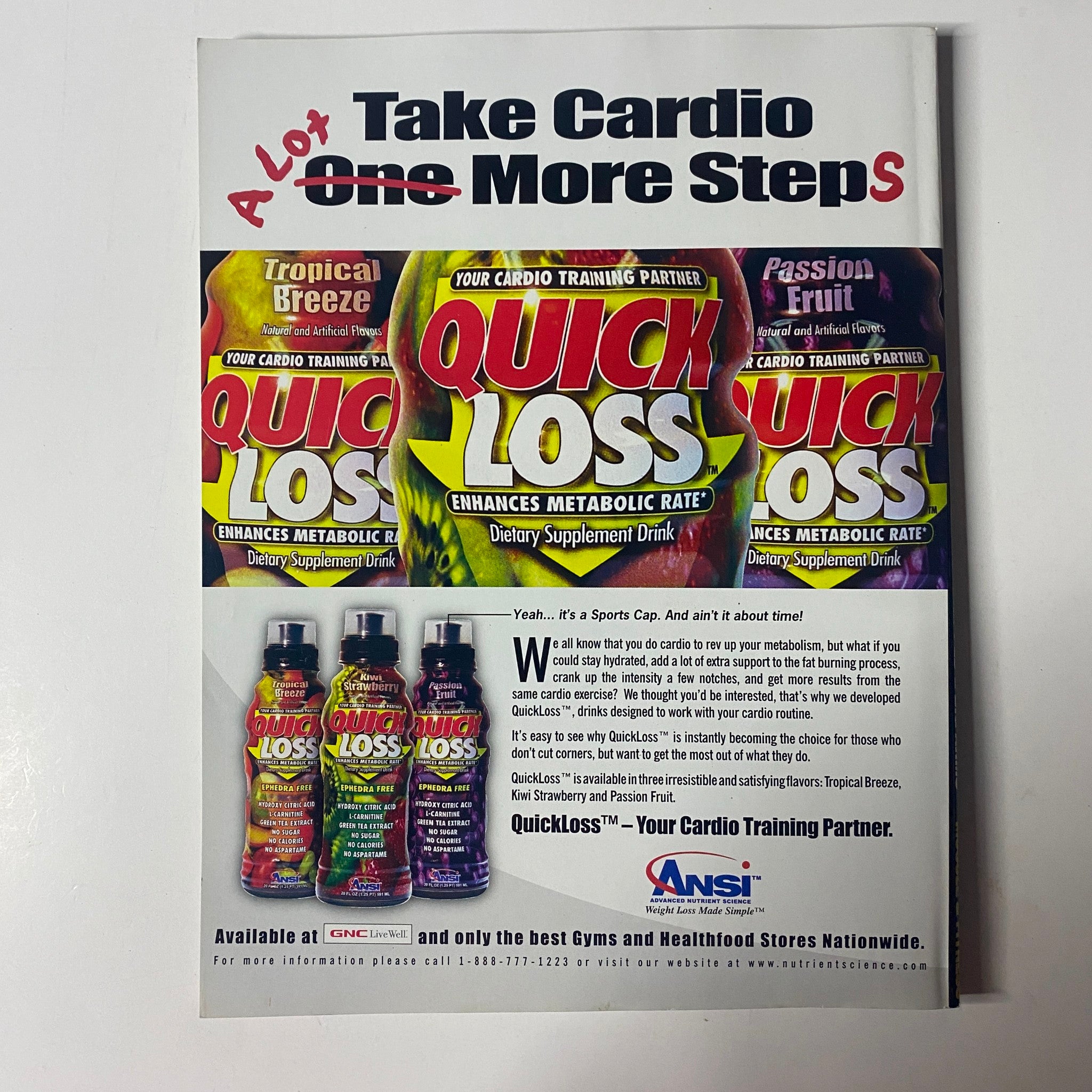 Back cover of Muscle & Fitness Magazine February 2004 advertising Quick Loss dietary supplement drinks, emphasizing their role in enhancing metabolic rate.