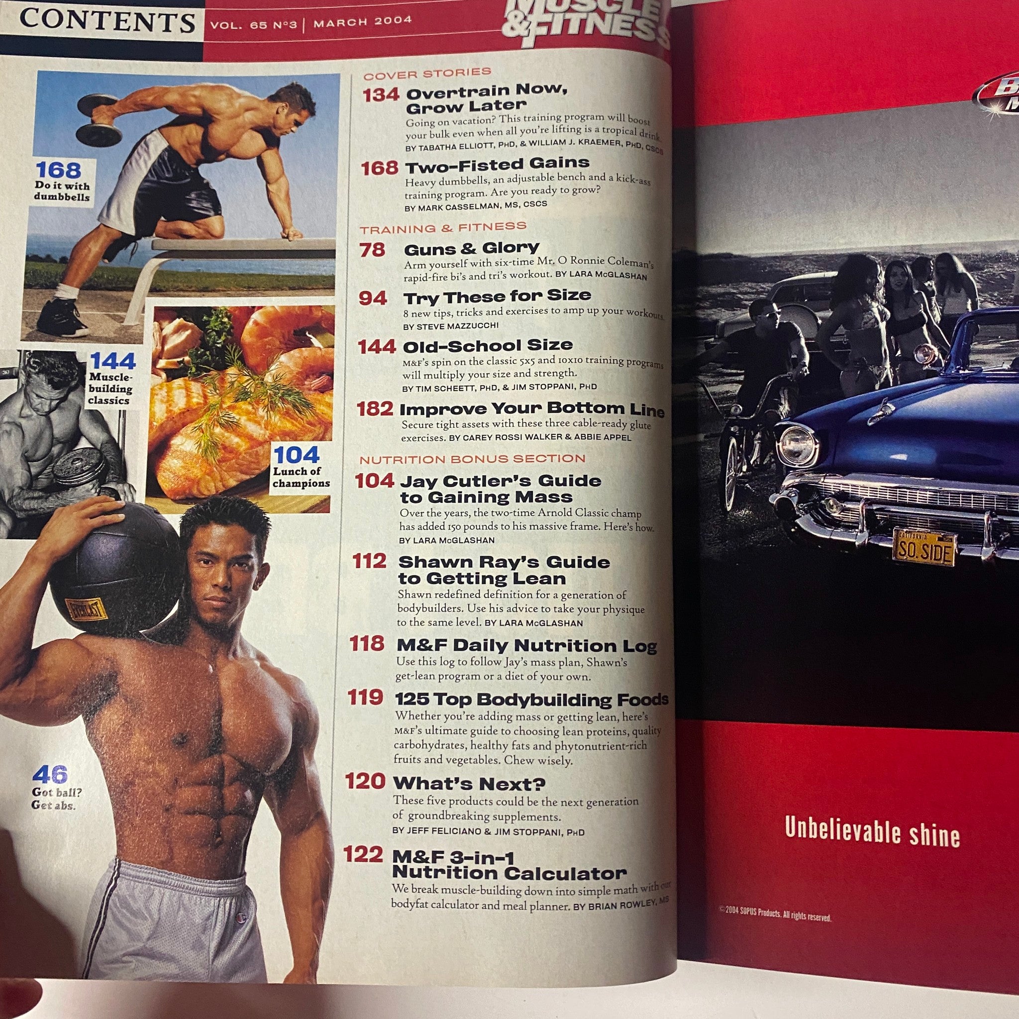 Table of contents from Muscle & Fitness Magazine March 2004 featuring articles such as 'Overtrain Now, Grow Later,' 'Two-Fisted Gains,' and 'Guns & Glory,' highlighting fitness tips and nutrition information.