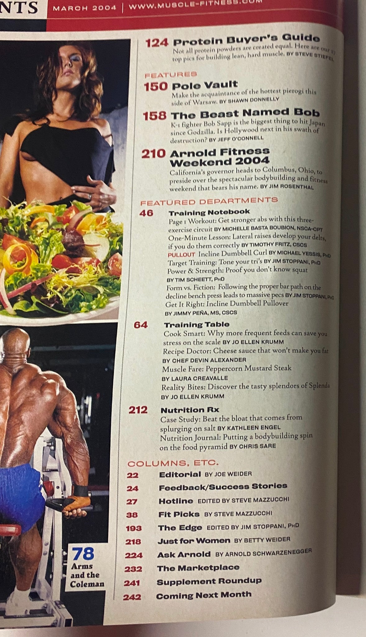 Feature pages from Muscle & Fitness Magazine March 2004 showcasing 'Protein Buyer’s Guide' and 'The Beast Named Bob,' alongside various training and nutrition sections.