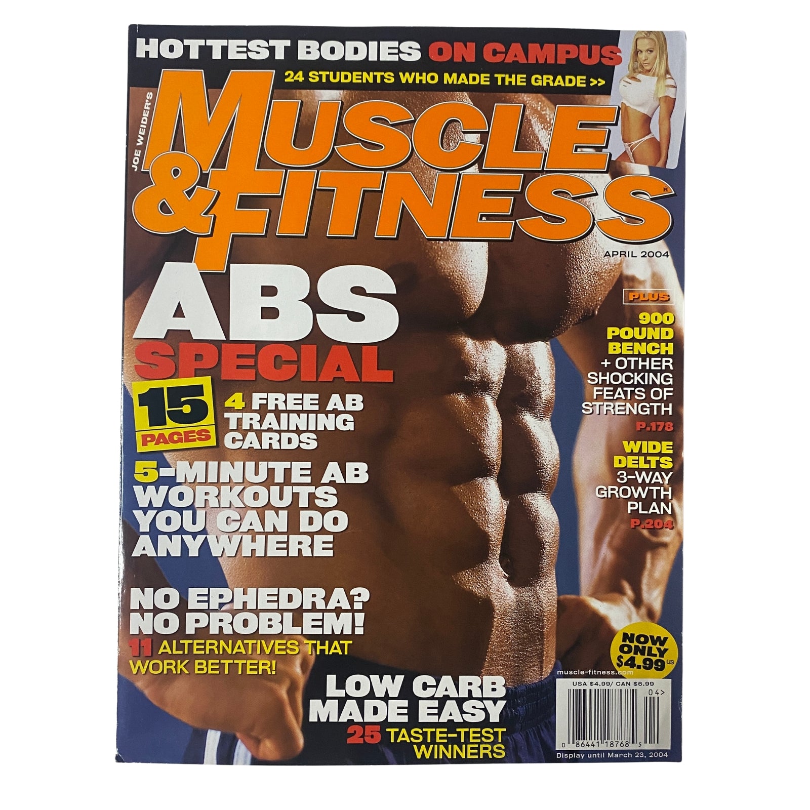 Cover of Muscle & Fitness Magazine, April 2004, Vol 65 No. 4, featuring '5-Minute Abs' and showcasing muscular physique alongside fitness tips.