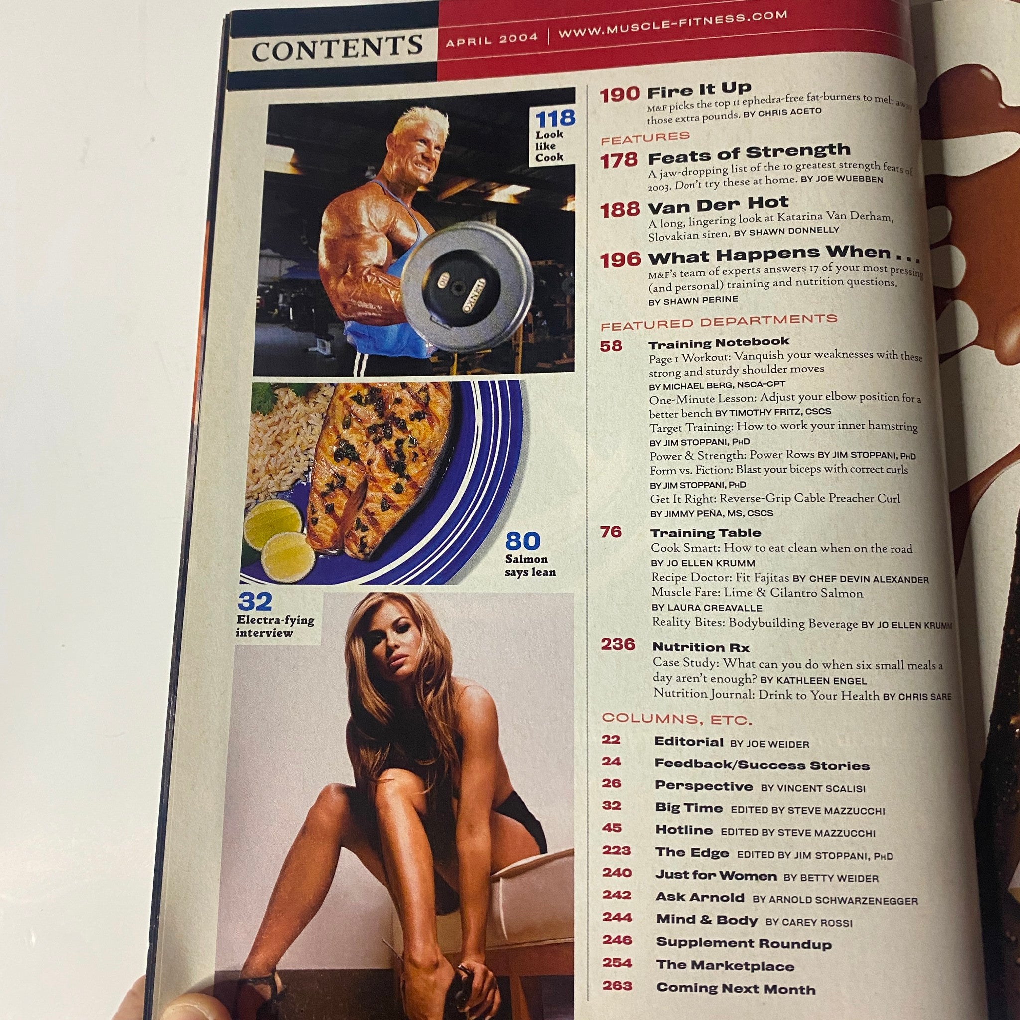 Muscle & Fitness Magazine April 2004 Vol 65 No. 4 - Contents page featuring a bodybuilder lifting weights and an image of healthy food; includes highlights like 'Feats of Strength' and 'What Happens When...'.