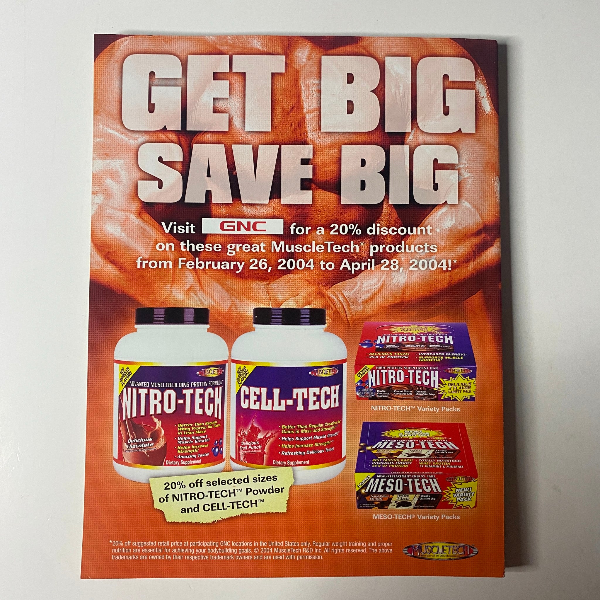 Muscle & Fitness Magazine April 2004 Vol 65 No. 4 - Promotional advertisement for MuscleTech products with 'Get Big Save Big' message, showcasing Nitro-Tech and Cell-Tech supplements.