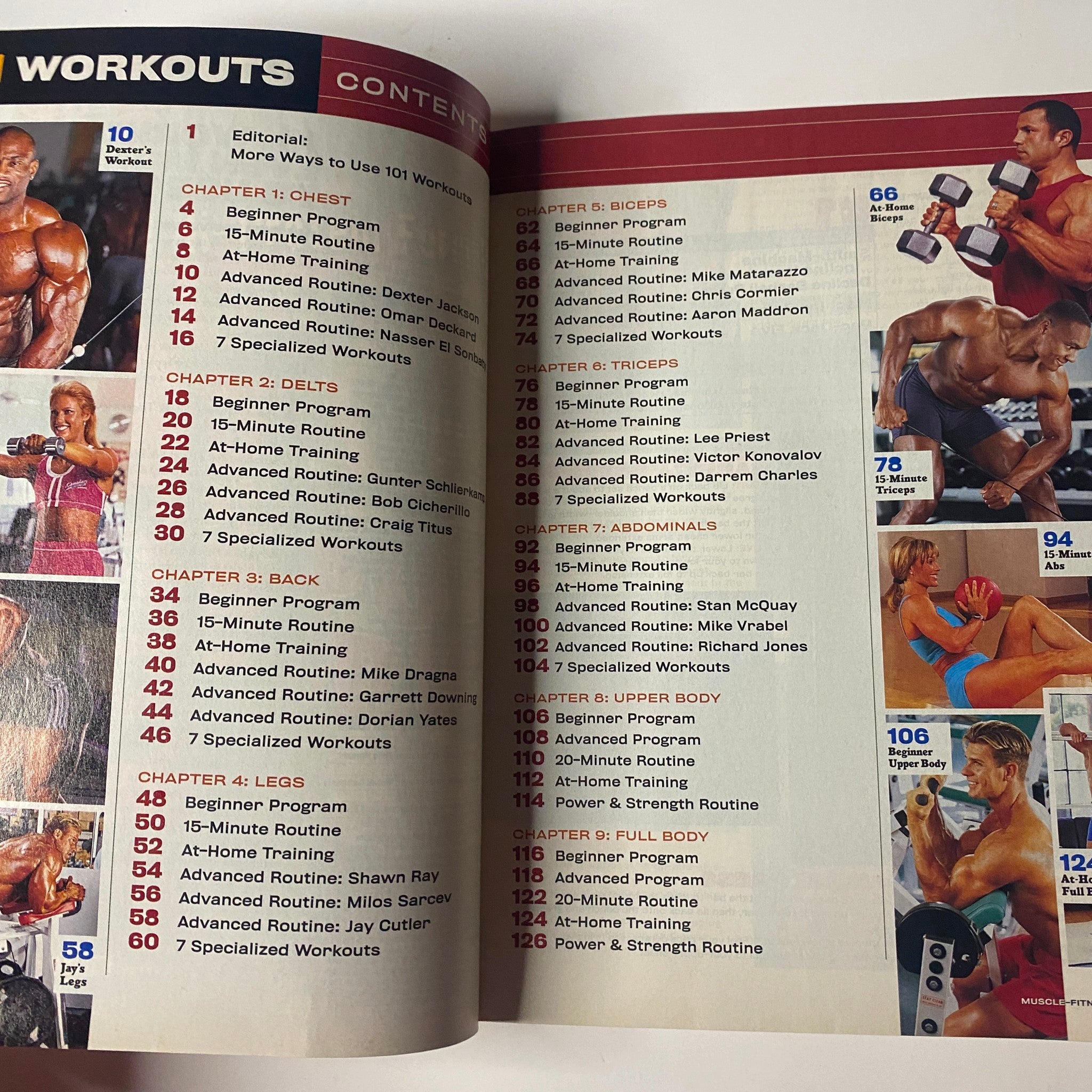 Inside of Muscle & Fitness Magazine 2004, displaying the content page for '101 Workouts', outlining various exercise programs categorized by muscle groups.