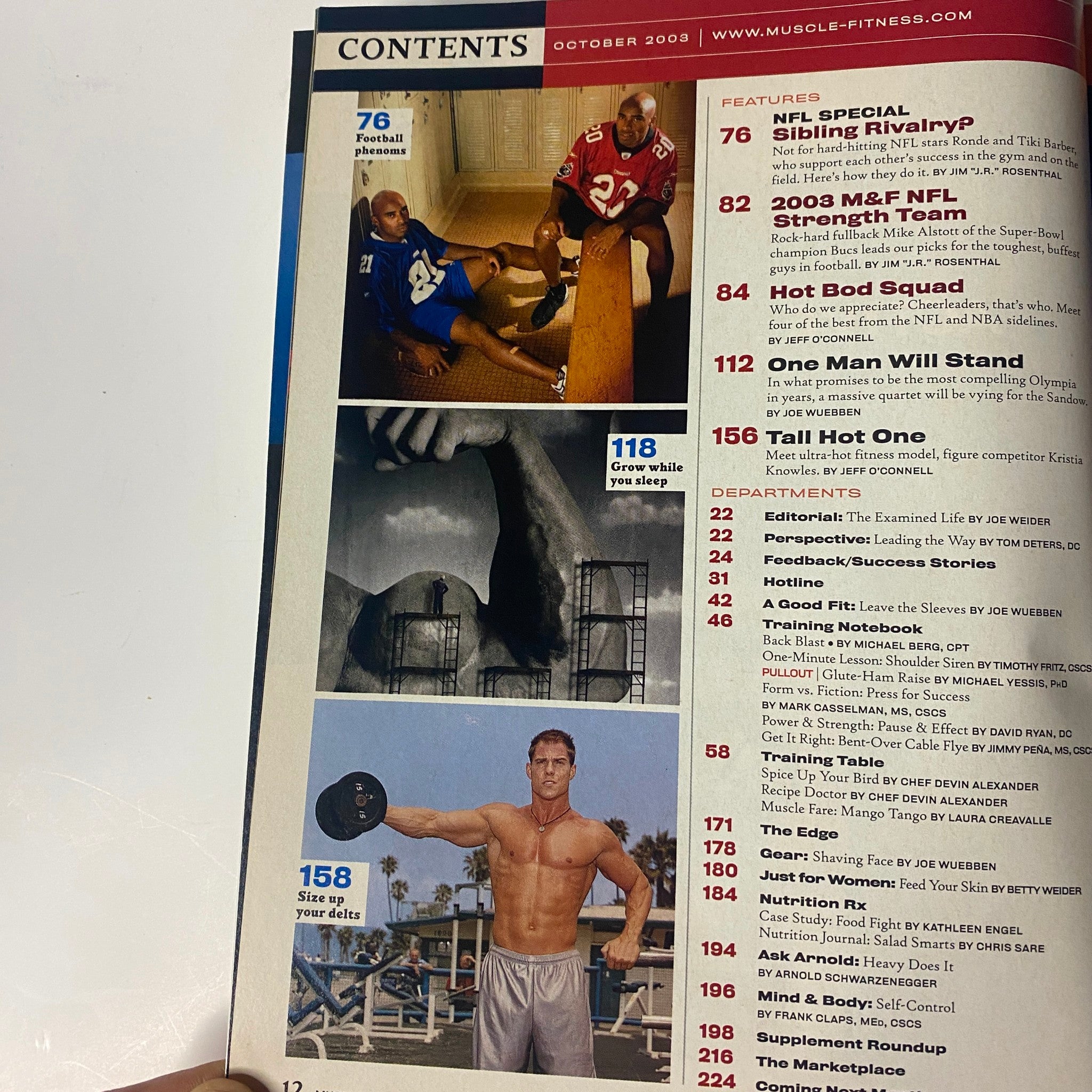 Another interior content page from Muscle & Fitness Magazine October 2003 Vol 64 No. 10 featuring articles about NFL fitness and coverage of the 2003 M&F NFL Strength Team.