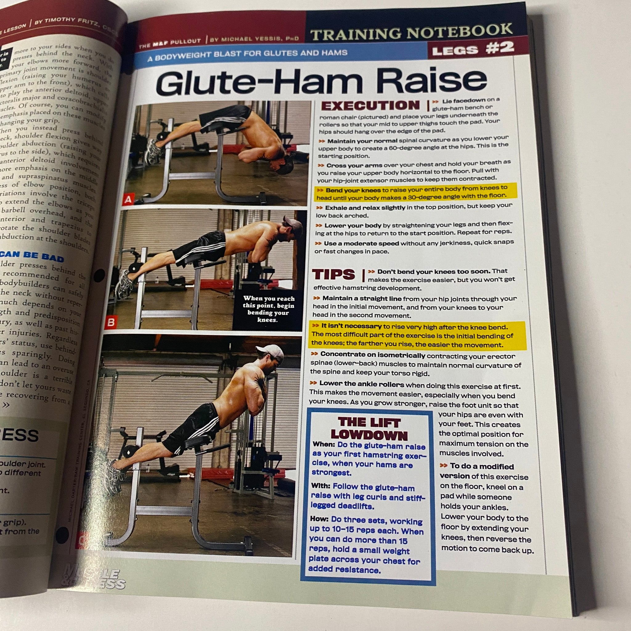 Training Notebook section from Muscle & Fitness Magazine October 2003 Vol 64 No. 10 explaining the Glute-Ham Raise exercise with illustrated steps.