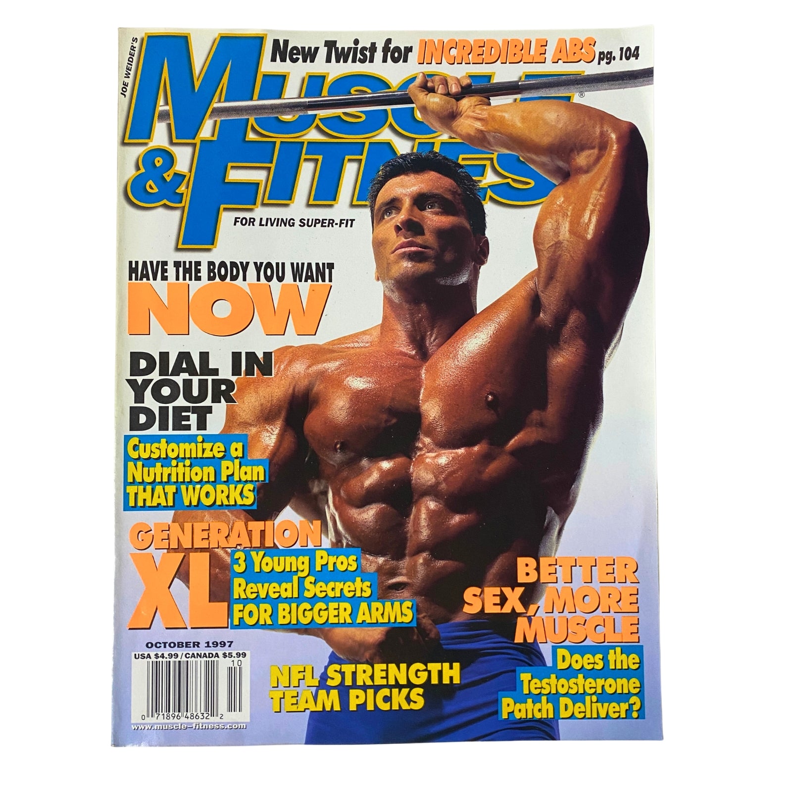 Muscle & Fitness Magazine October 1997 Vol 58 No. 10 featuring Milos Sarcev on the cover, showcasing a muscular physique. The magazine highlights fitness topics including NFL strength training and nutrition.