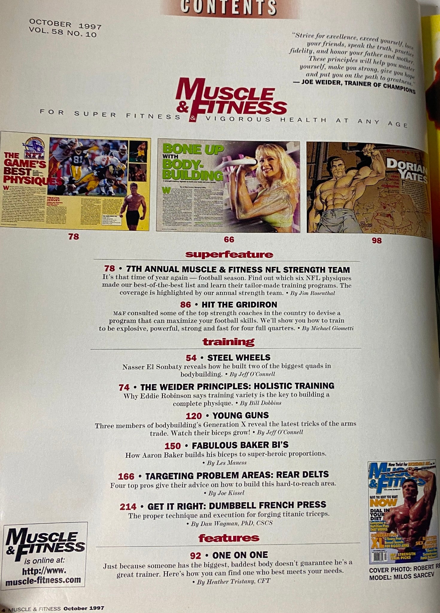 Contents page of Muscle & Fitness Magazine October 1997 Vol 58 No. 10, featuring articles on the NFL Strength Team, bodybuilding secrets, and insights from fitness experts like Joe Weider and Dorian Yates.