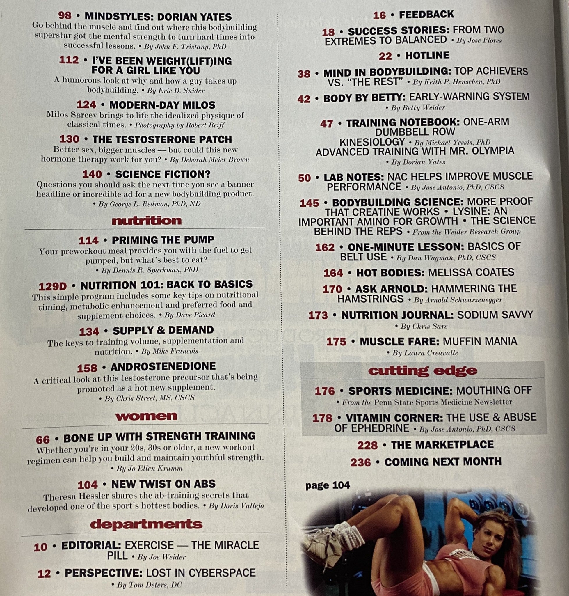 Table of contents page from Muscle & Fitness Magazine October 1997 Vol 58 No. 10 featuring Dorian Yates, training tips, nutrition advice, and featured articles.