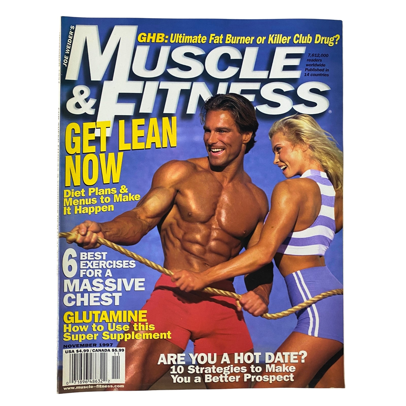Muscle & Fitness Magazine November 1997 featuring Clark Bartram and Jennifer Goodwin on the cover. This issue highlights dieting, workouts for a massive chest, and the impact of glutamine as a super supplement.