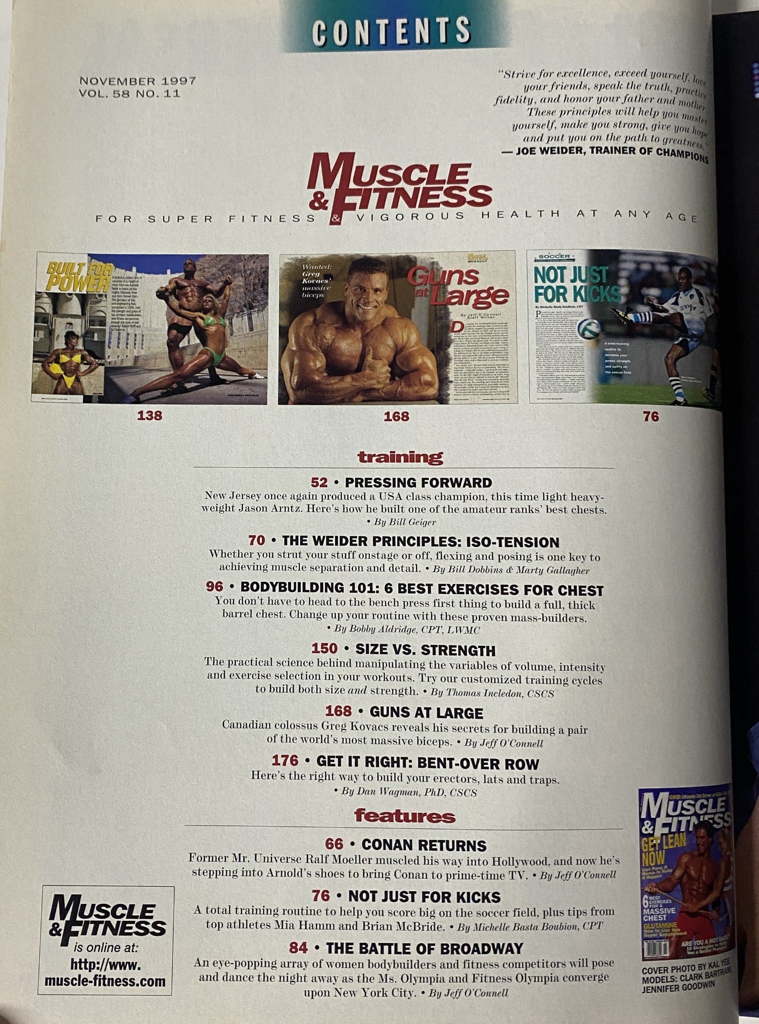 Contents page of Muscle & Fitness Magazine November 1997 showcasing various articles on training science, muscle-building tips, and features on fitness personalities.