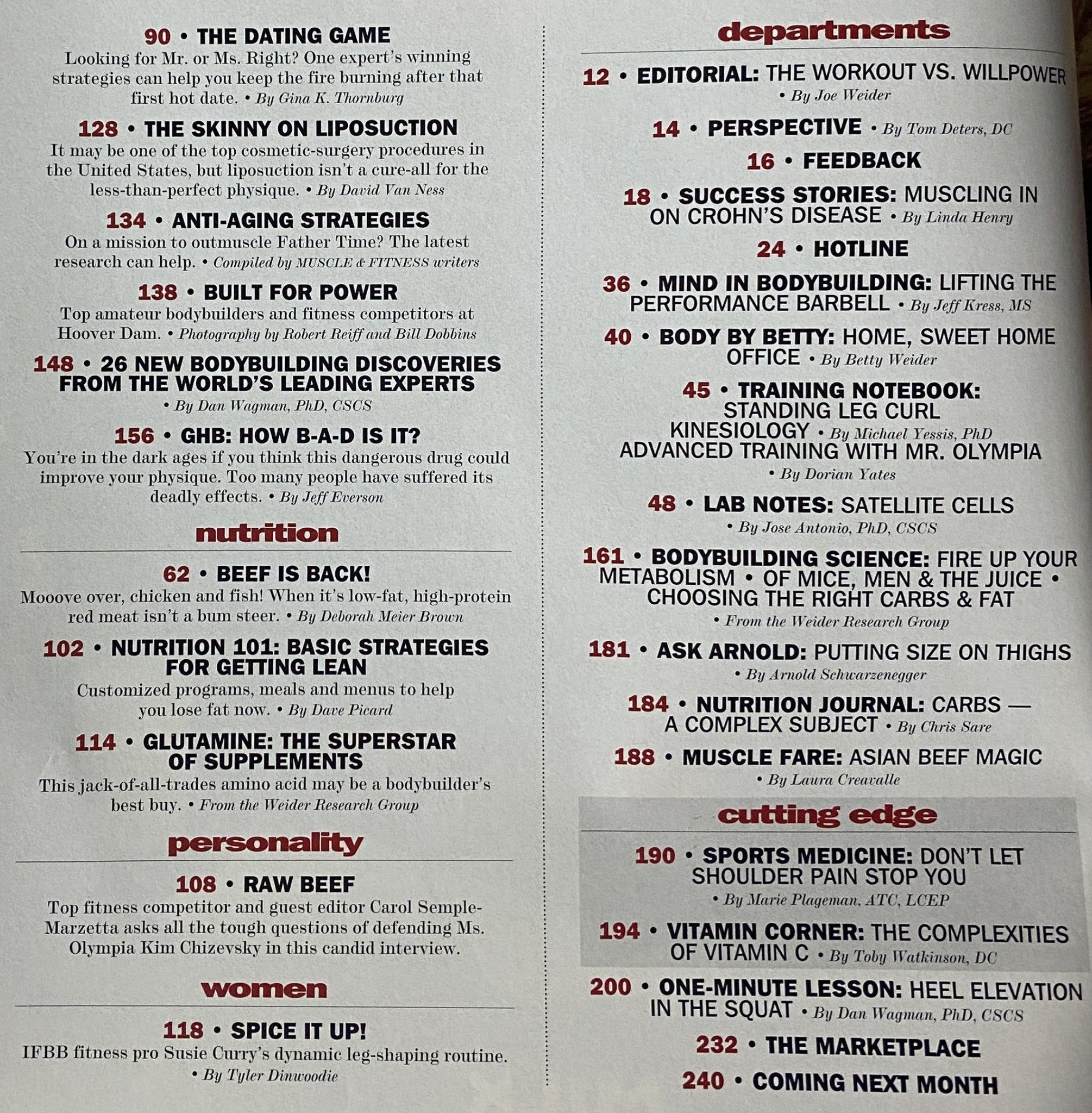 Detailed table of contents from Muscle & Fitness Magazine November 1997, listing sections on nutrition, training principles, and women’s fitness advice.