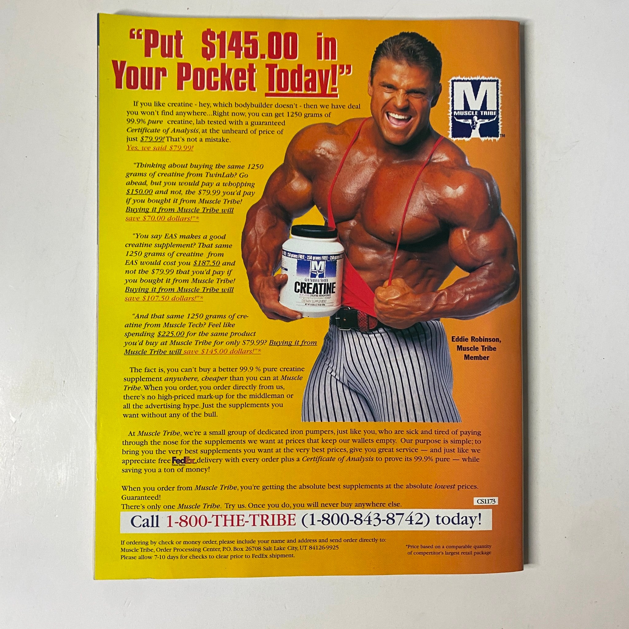 Muscle & Fitness Magazine November 1997 advertisement featuring Eddie Robinson promoting creatine supplements. The image showcases a muscular male model in fitness attire, emphasizing bodybuilding and nutrition relevant to the magazine's fitness culture.