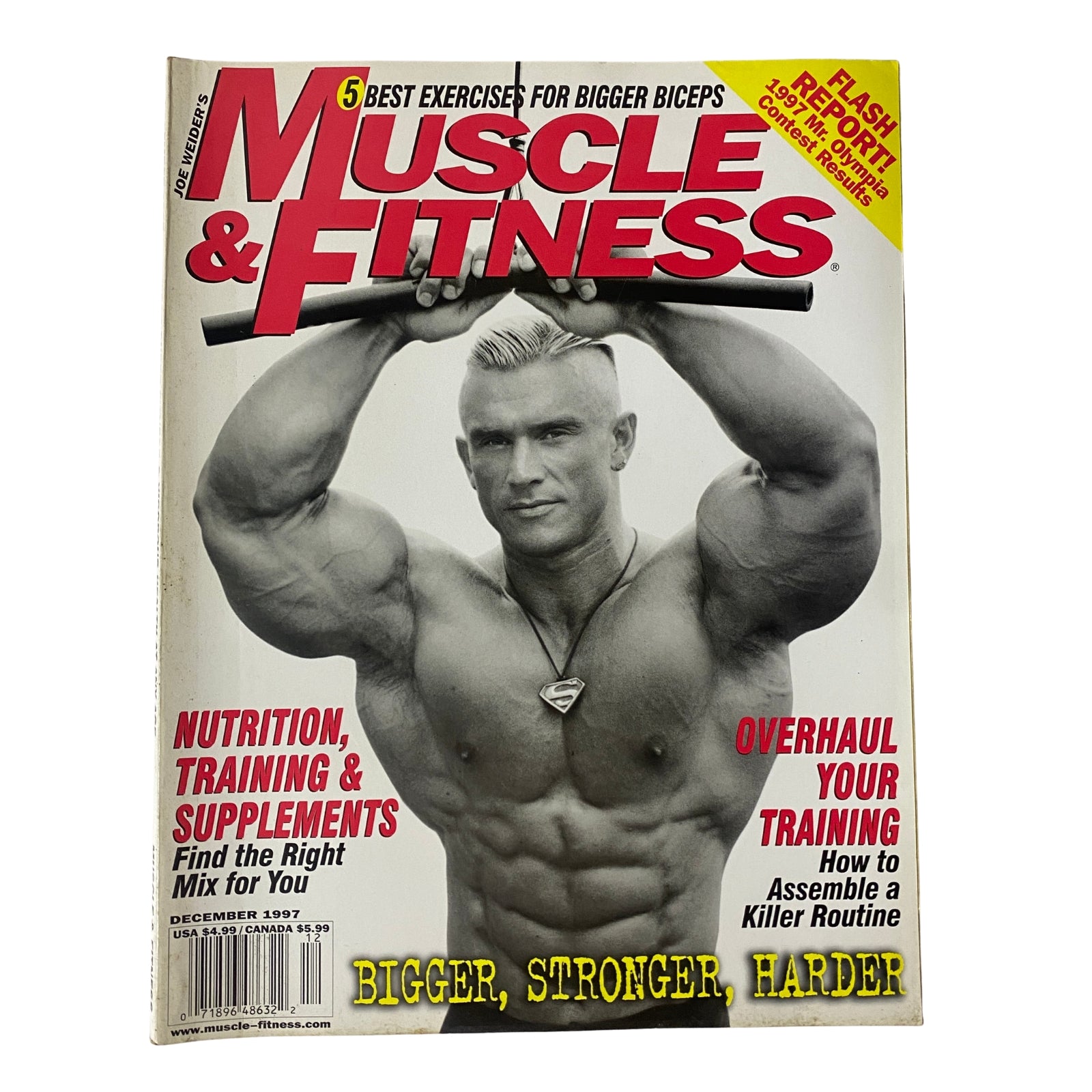 Muscle & Fitness Magazine December 1997 Vol 58 No. 12 featuring a muscular model on the cover, showcasing workout tips and nutrition strategies.