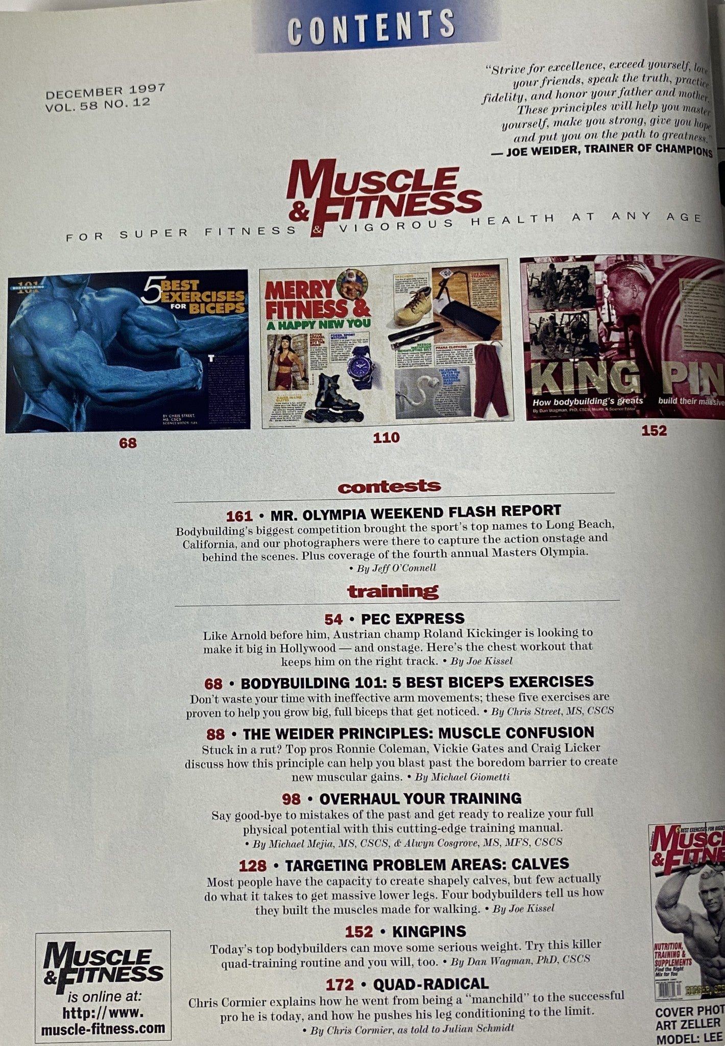 Table of contents page from Muscle & Fitness Magazine December 1997 Vol 58 No. 12, detailing the articles and features inside.