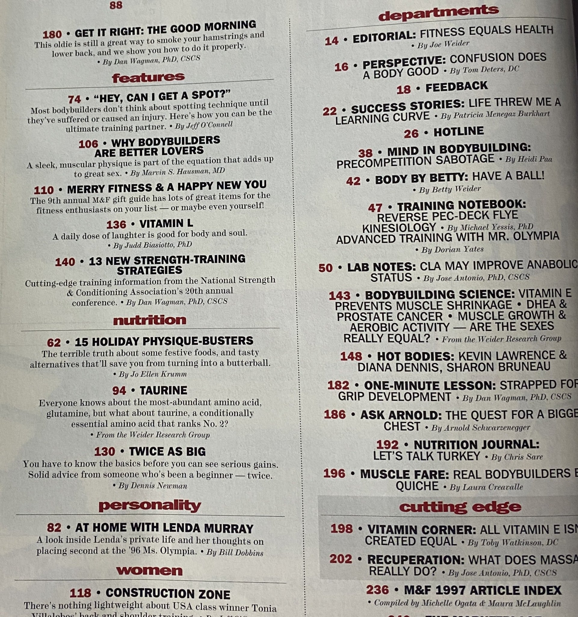 List of features and departments in Muscle & Fitness Magazine December 1997 Vol 58 No. 12, highlighting training exercises and nutritional advice.