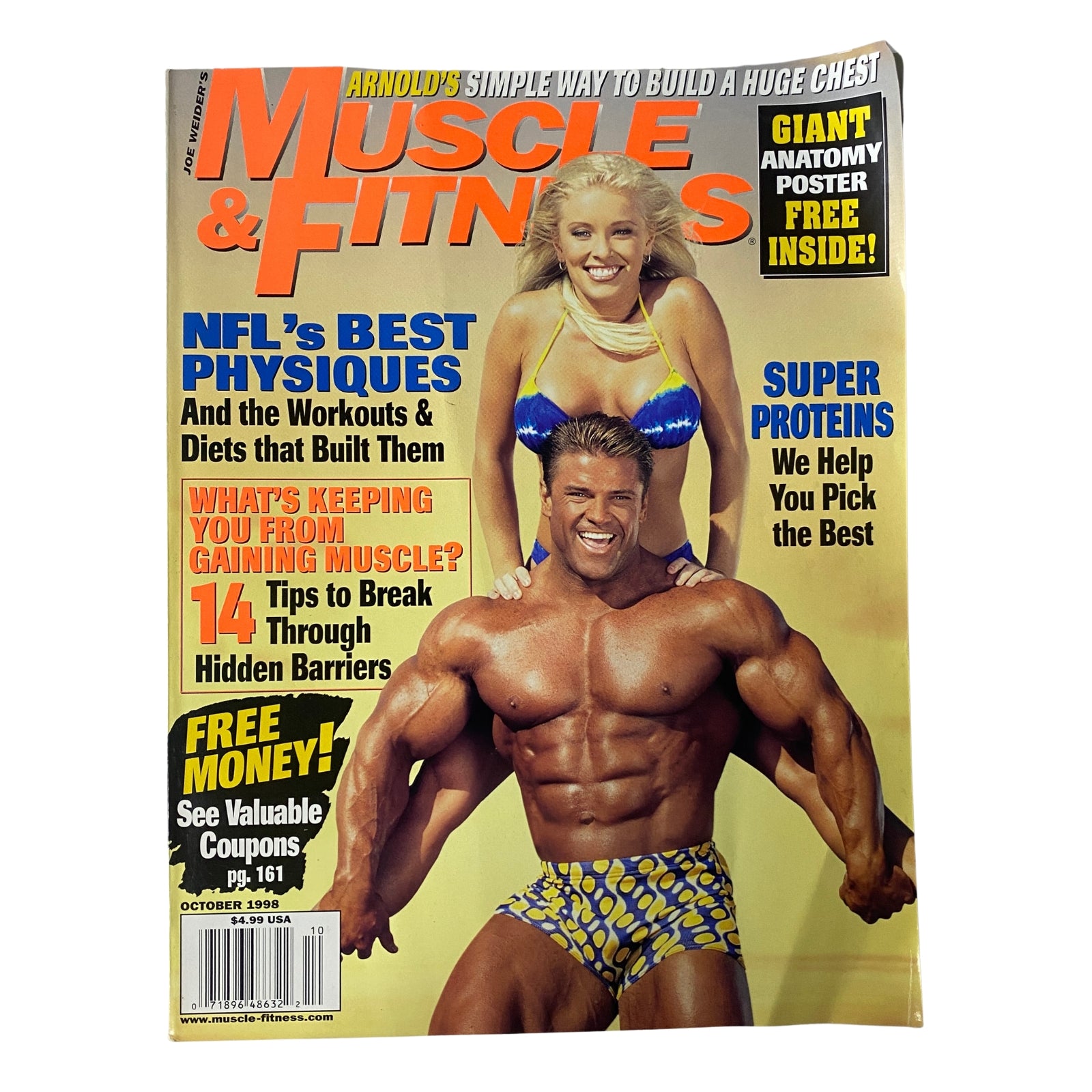 Cover of Muscle & Fitness Magazine, October 1998 featuring Eddie Robinson and Jamie Bergmann, showcasing topics on NFL's best physiques and workouts. Includes a special anatomy poster.
