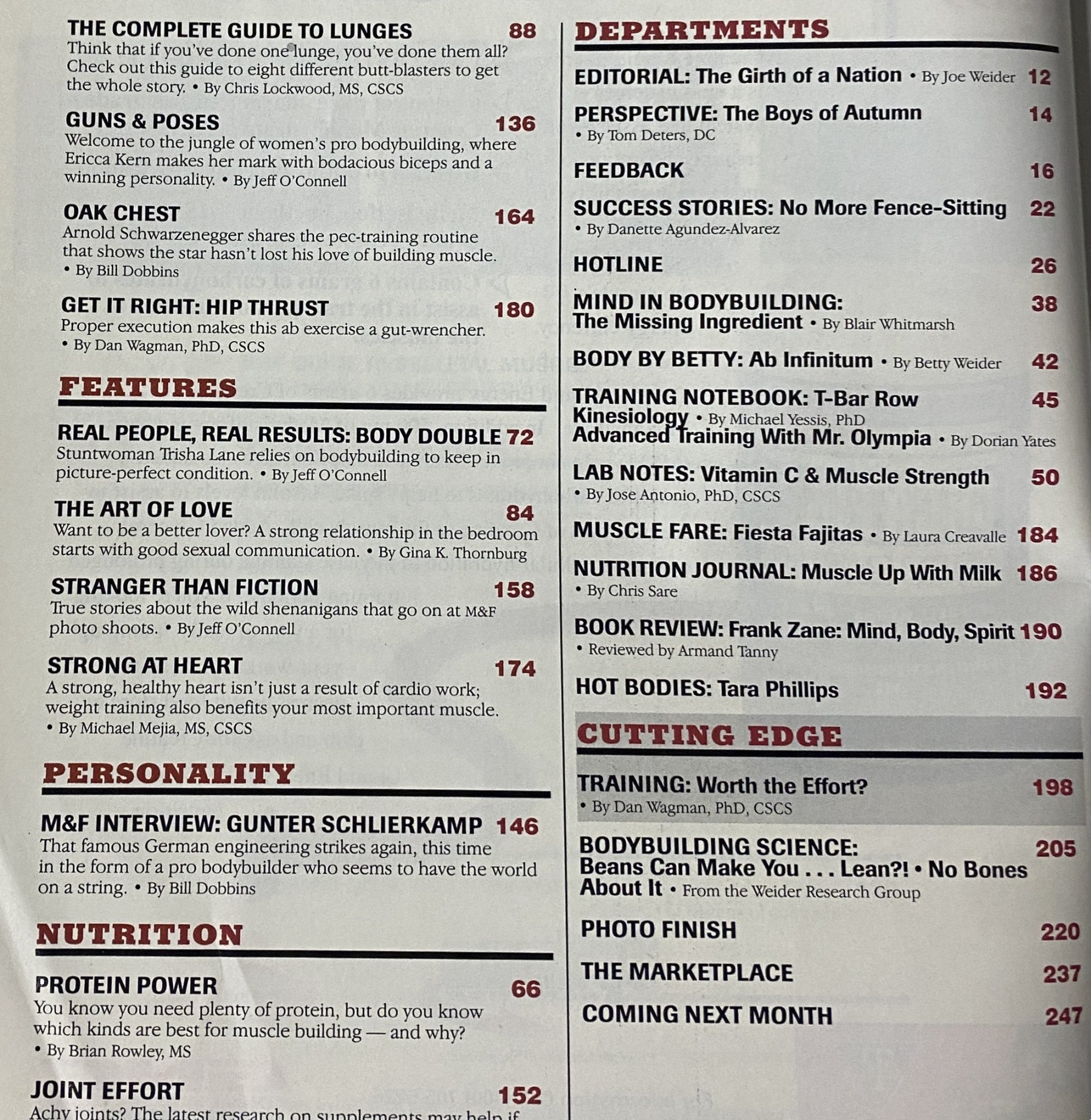 Table of contents from Muscle & Fitness Magazine, October 1998, listing articles on bodybuilding, featuring Gunter Schlierkamp and nutrition insights.