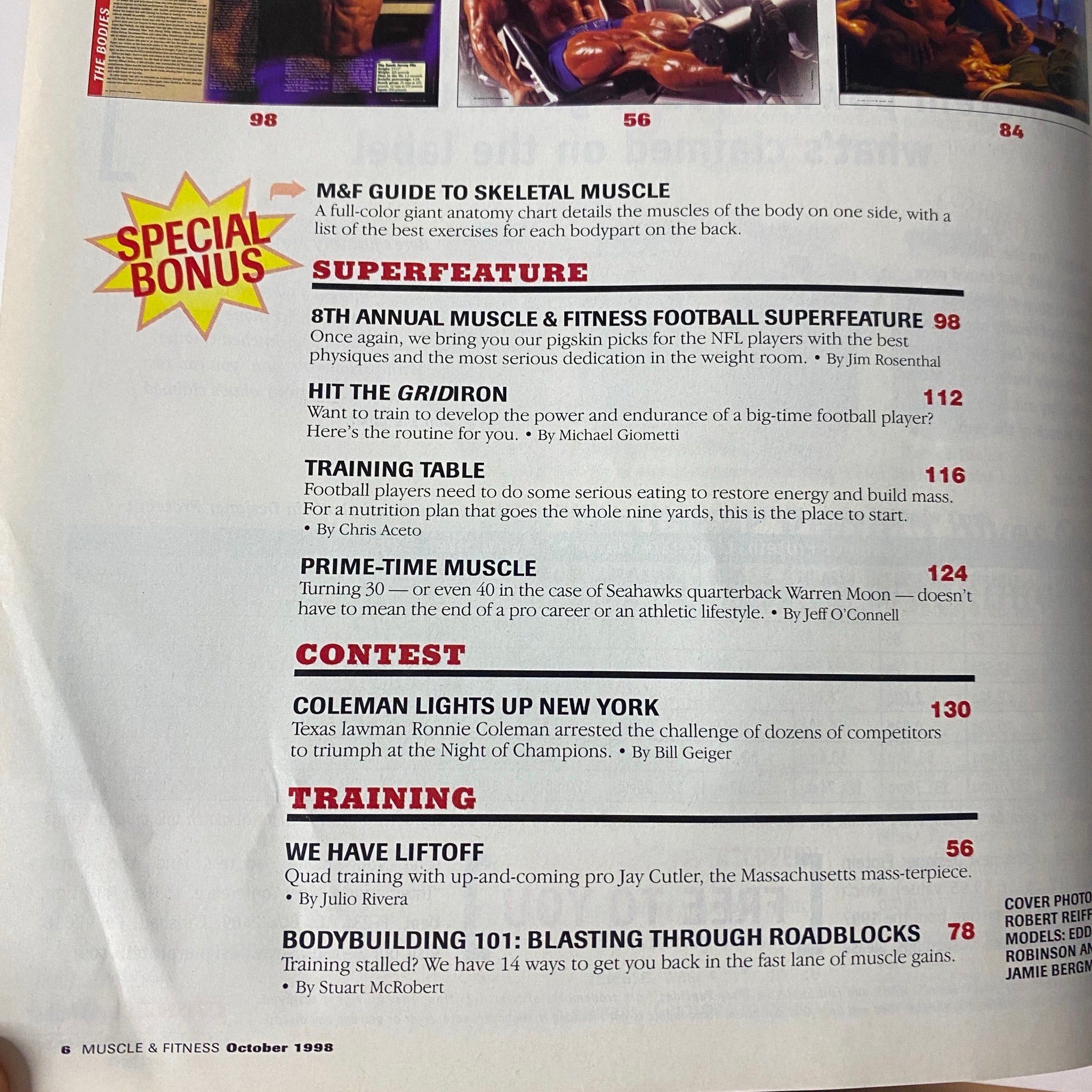 Page highlight from Muscle & Fitness Magazine, October 1998, featuring the M&F Guide to Skeletal Muscle and articles on training for athletes.
