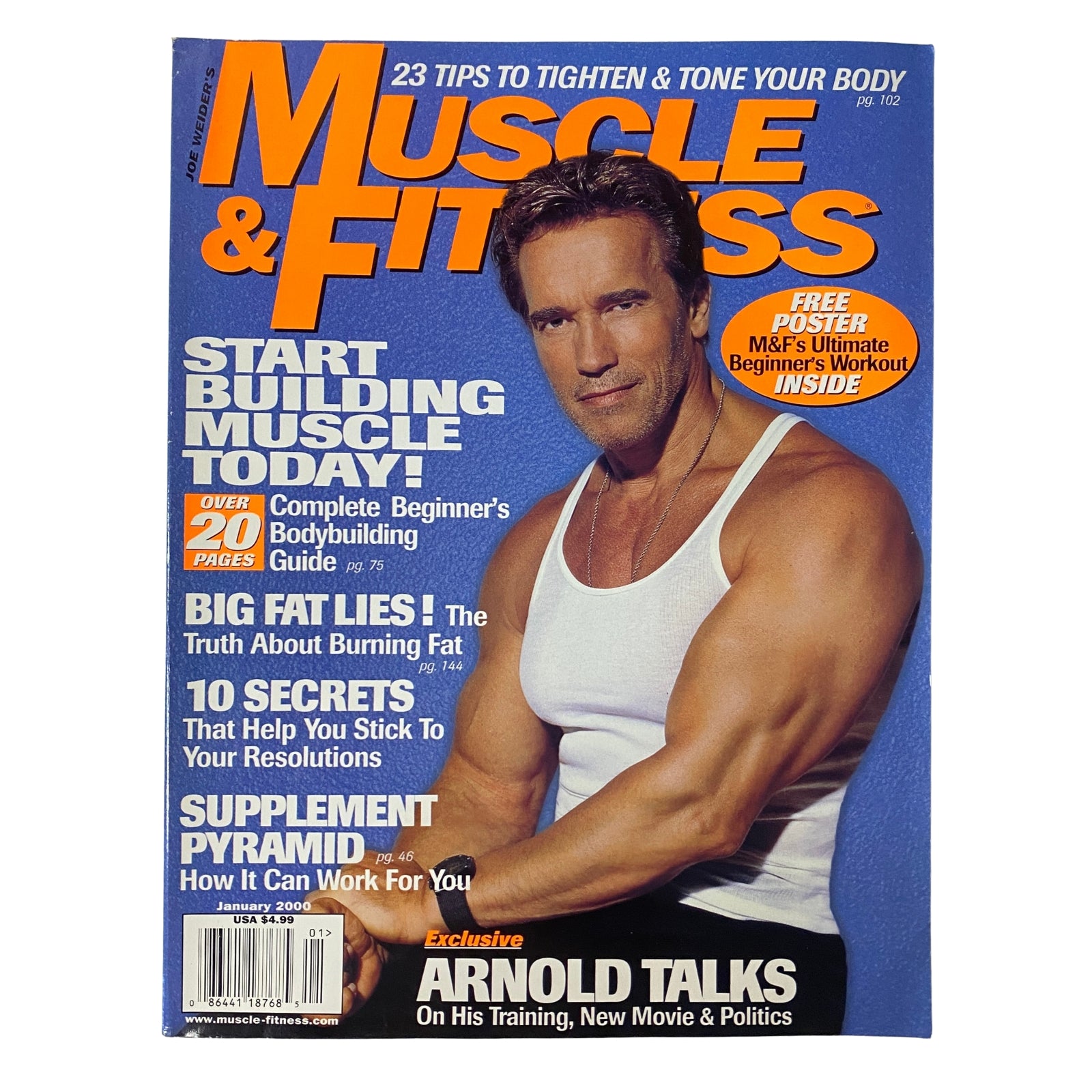 Muscle & Fitness Magazine January 2000 featuring Arnold Schwarzenegger on the cover. The magazine includes a free poster insert for the M&F Ultimate Beginner's Workout, and highlights fitness tips, bodybuilding techniques, and health insights.