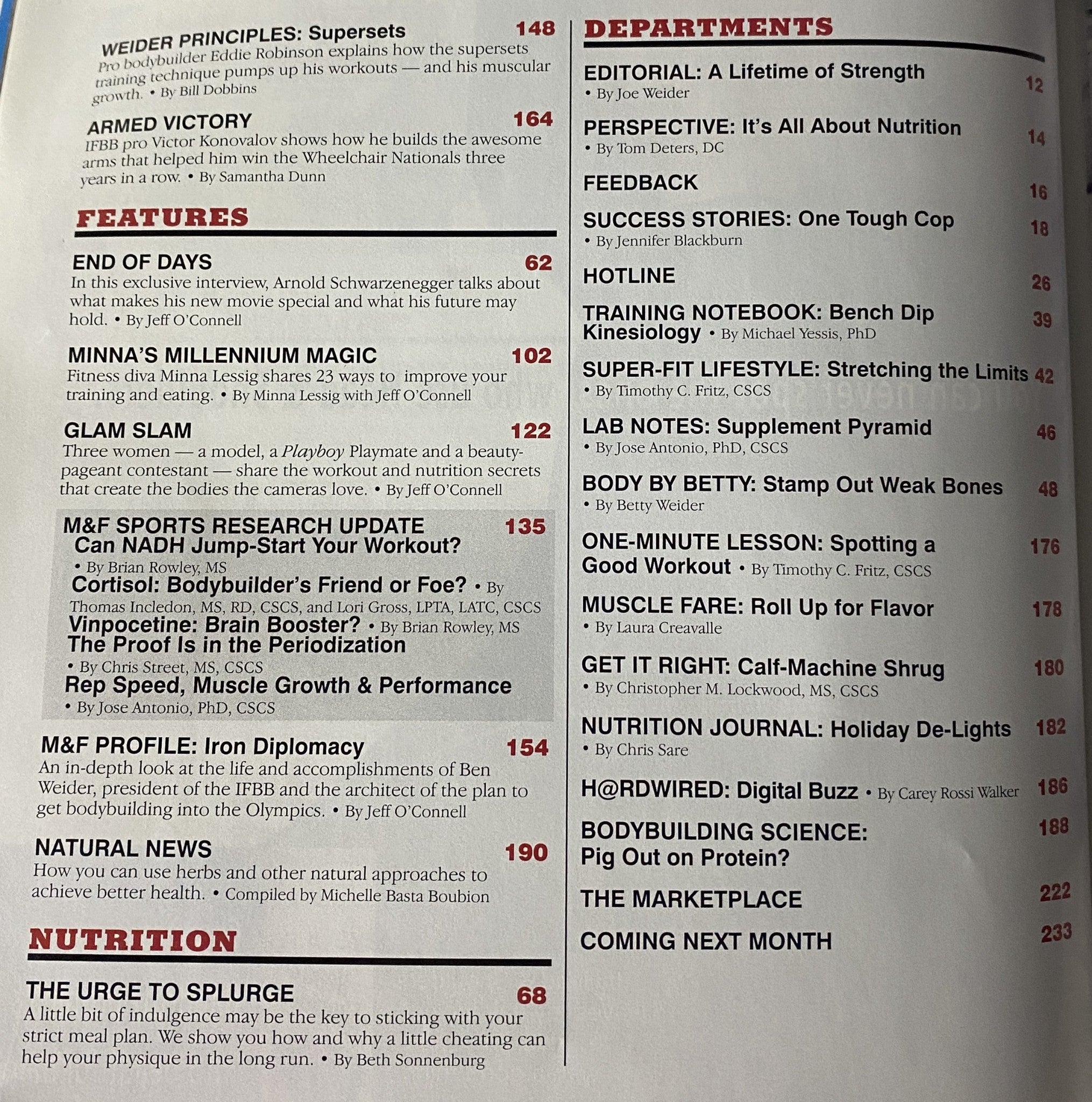 Muscle & Fitness Magazine January 2000 features page detailing articles on bodybuilding strategies, including Arnold Schwarzenegger's insights and nutrition tips.