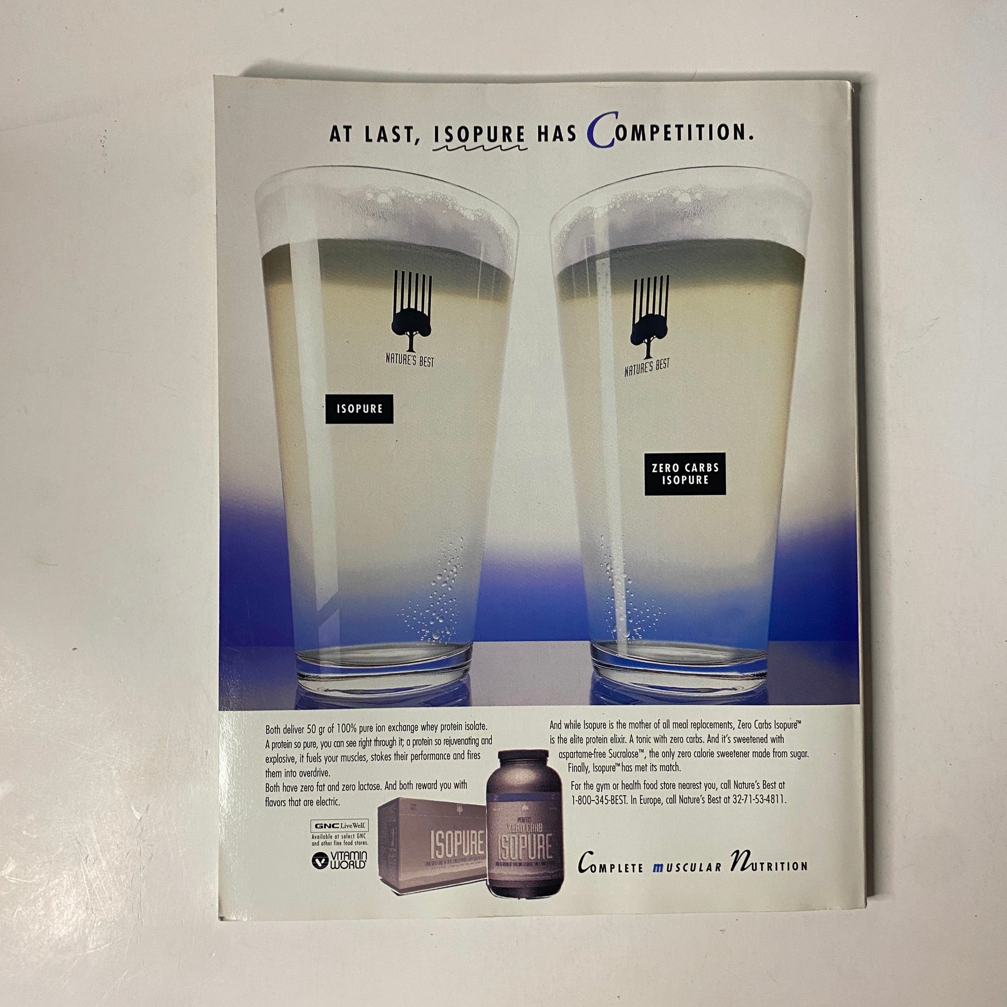 Muscle & Fitness Magazine January 2000 advertisement page promoting Isopure protein supplement, offering detailed nutritional benefits and competition comparison.