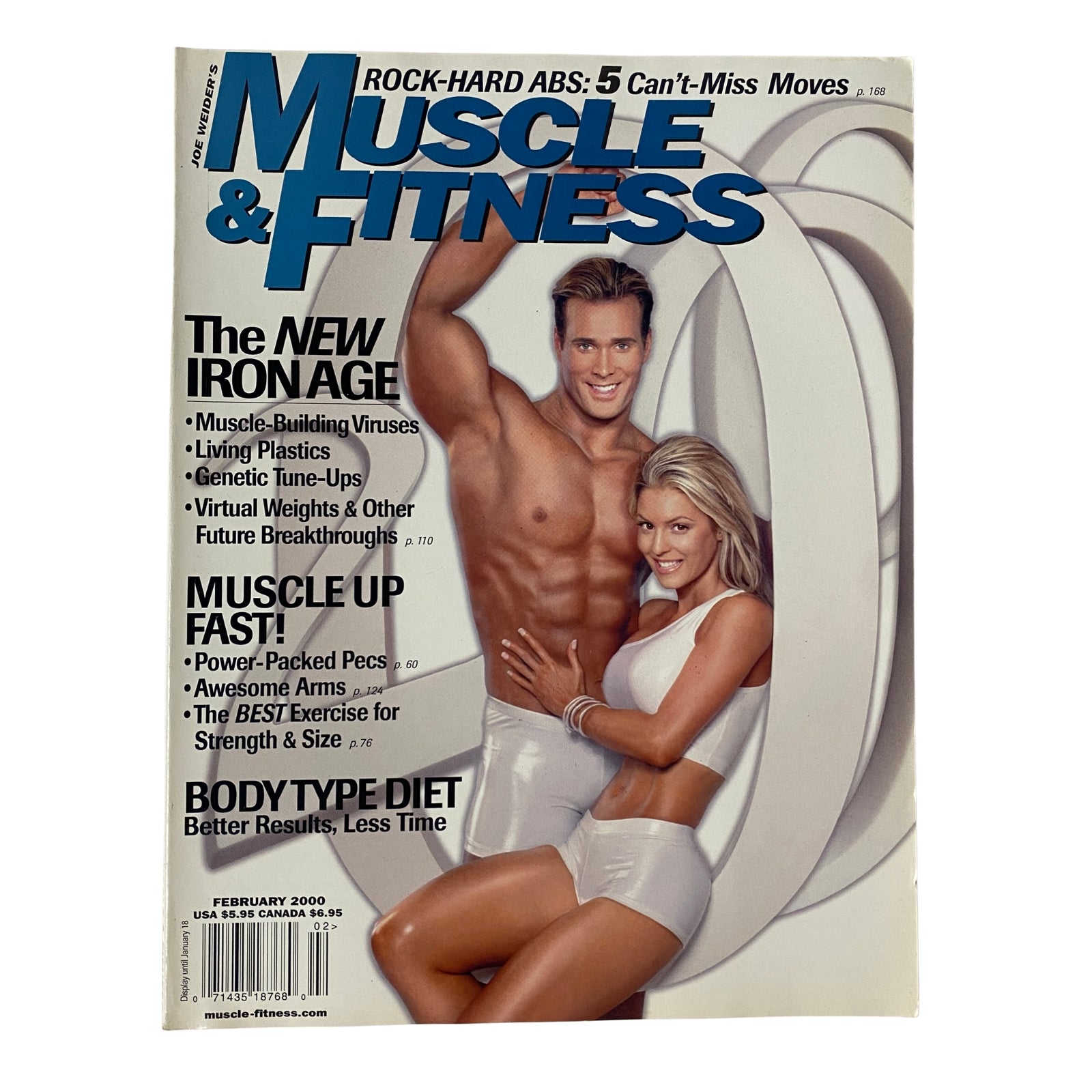Muscle & Fitness Magazine February 2000 featuring Michael O'Hearn and Maria Ford on the cover, highlighting fitness trends, bodybuilding contests, and nutrition advice. This issue discusses advanced training strategies and the Body Type Diet.