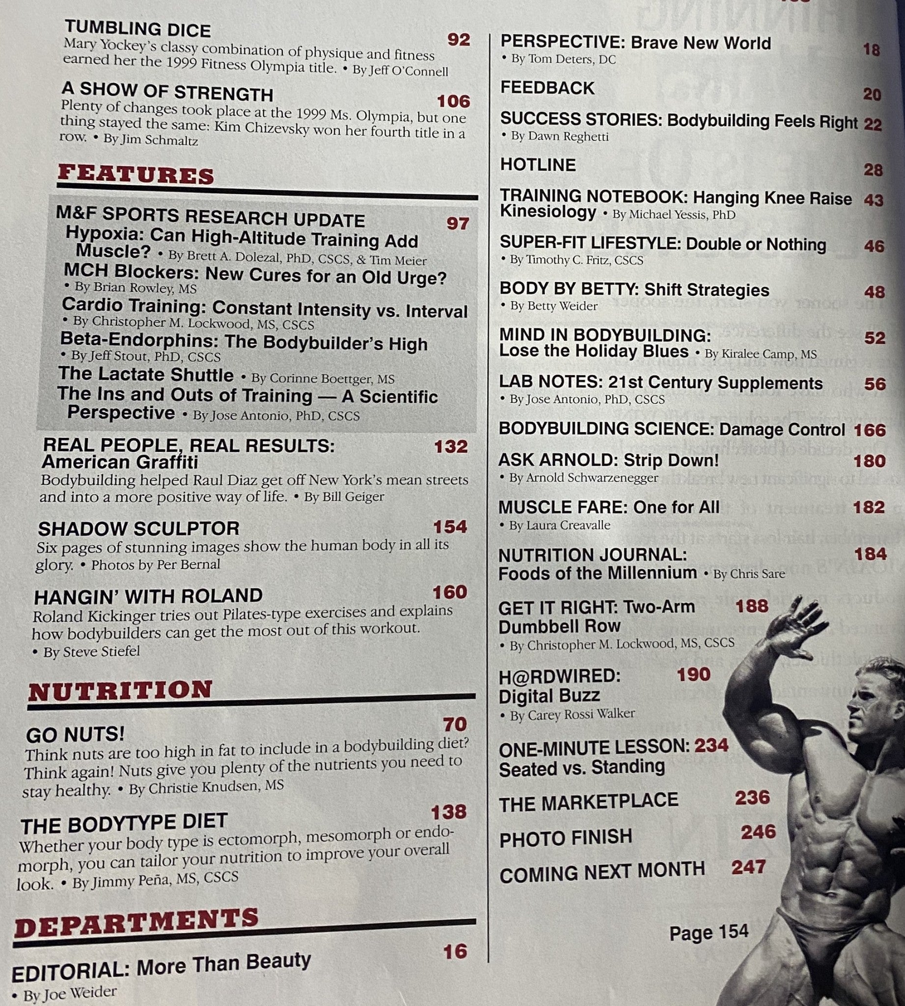 Muscle & Fitness Magazine February 2000 Features Page discussing sports research updates, training techniques, and nutrition strategies, including sections on contests and bodybuilding insights.
