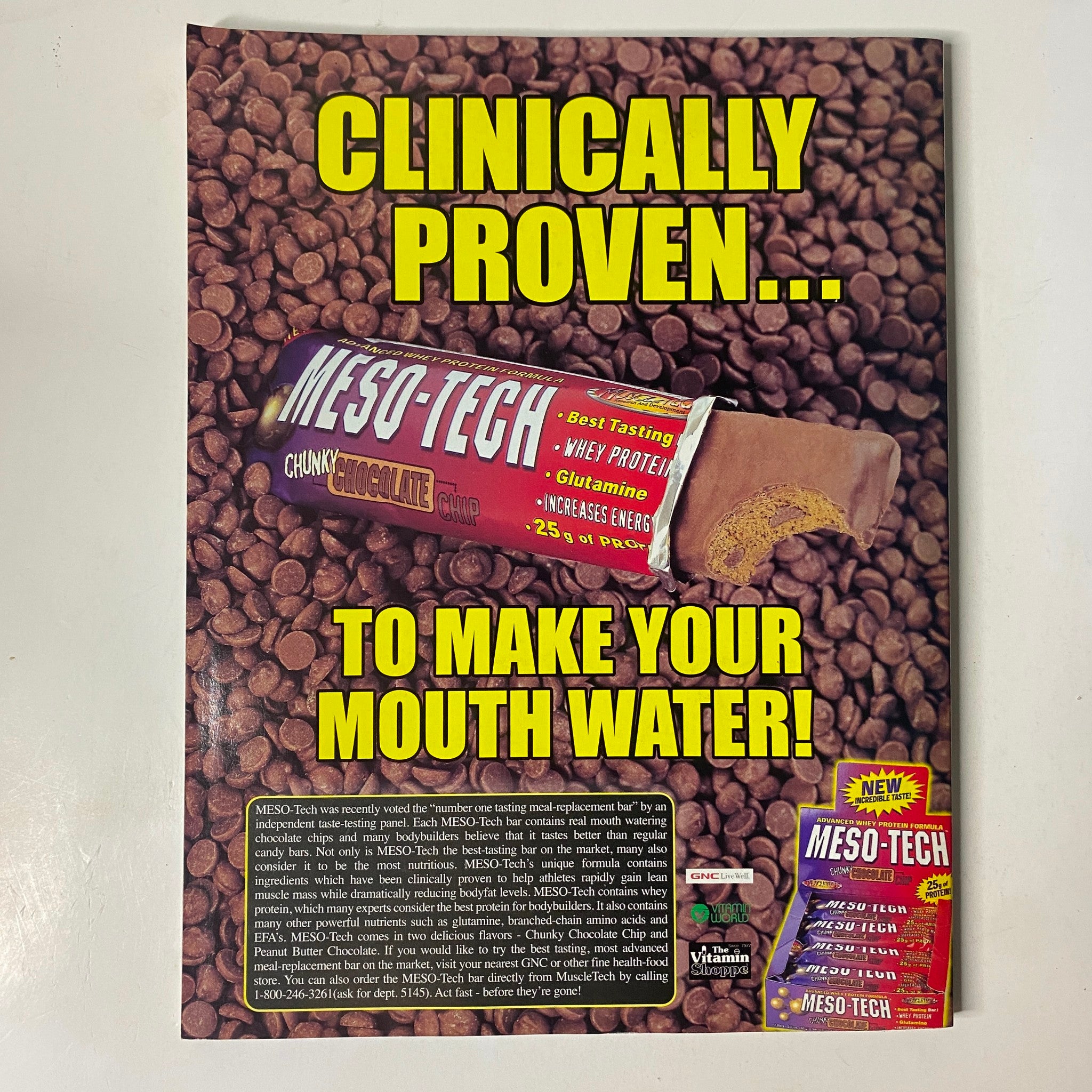 Muscle & Fitness Magazine February 2000 Advertisement for Meso-Tech protein bar, promoting it as clinically proven to improve health, emphasizing its ingredients and benefits for fitness enthusiasts.