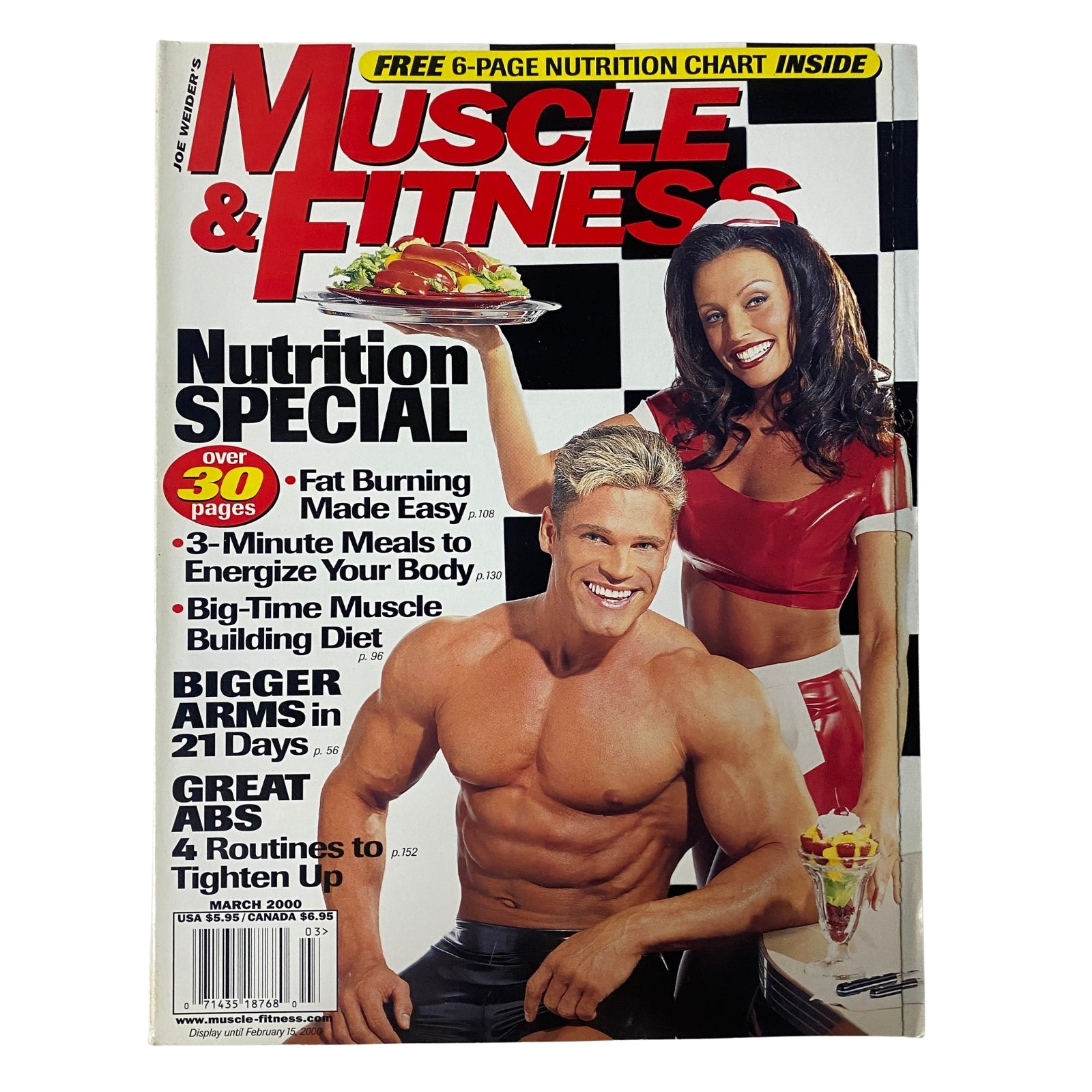 Cover of Muscle & Fitness Magazine March 2000 featuring Pasi Schalin and Latonia Galloway. Highlights include a Nutrition Special with tips for fat burning and a big-time muscle building diet.