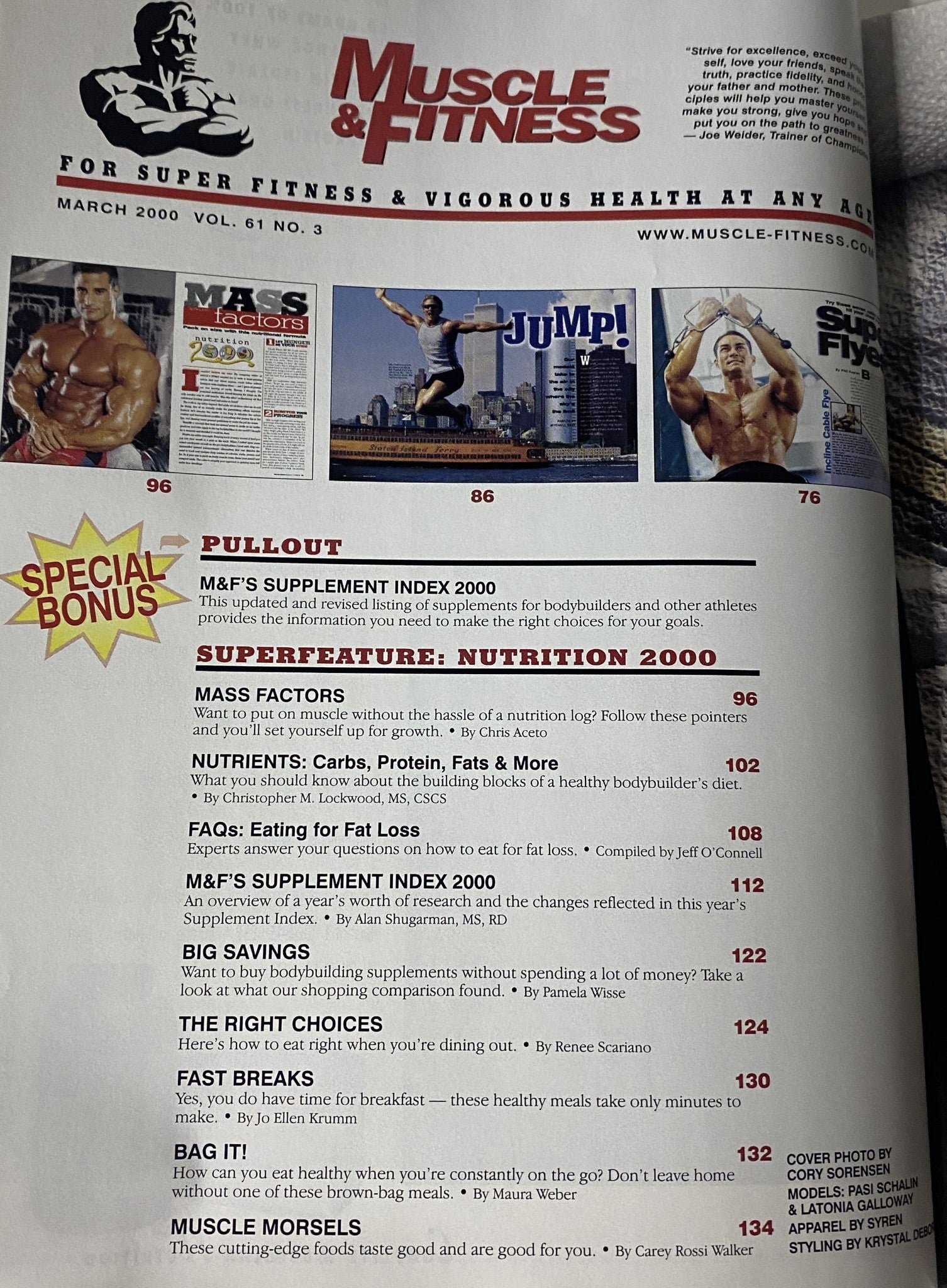 Interior page of Muscle & Fitness Magazine March 2000 showcasing the pullout supplement index and the superfeature on Nutrition 2000, focusing on mass factors and dietary choices.