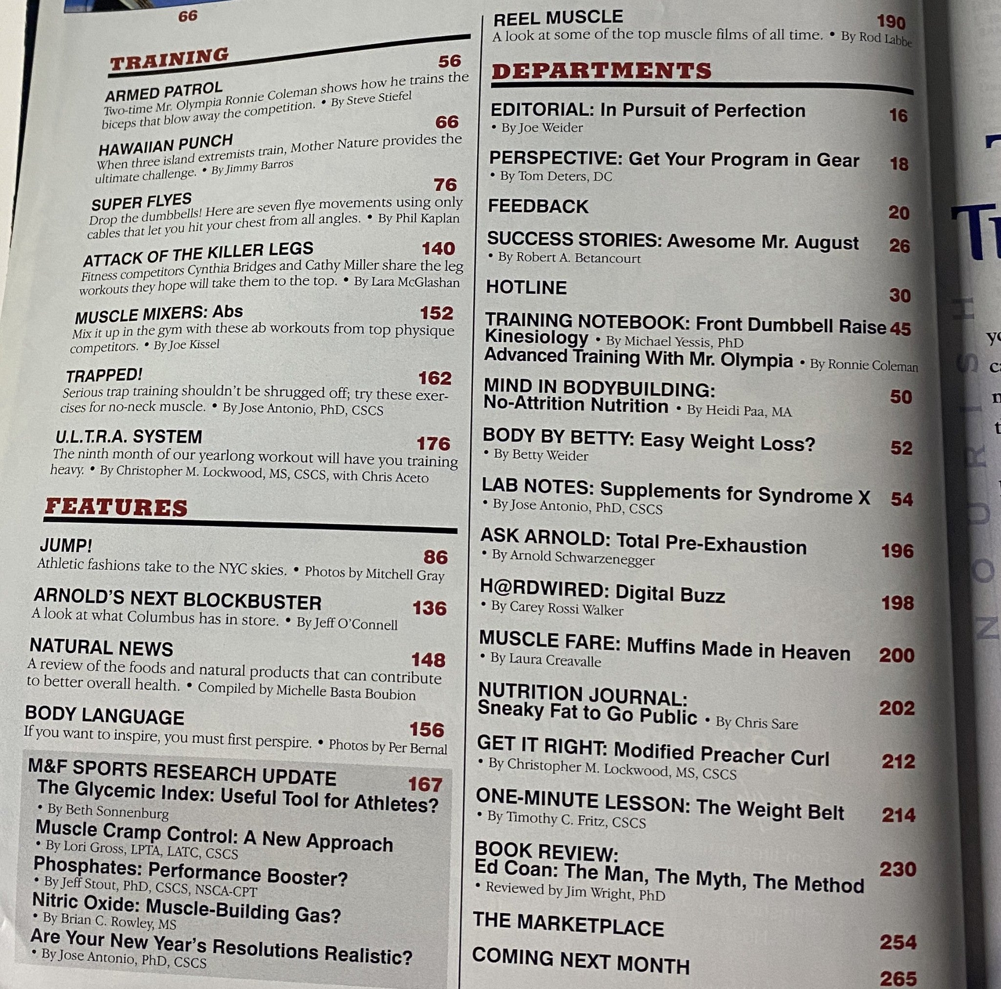 Interior page featuring training section including Ronnie Coleman's workout and other training features from Muscle & Fitness Magazine March 2000 with Pasi Schalin and Latonia Galloway on the cover.