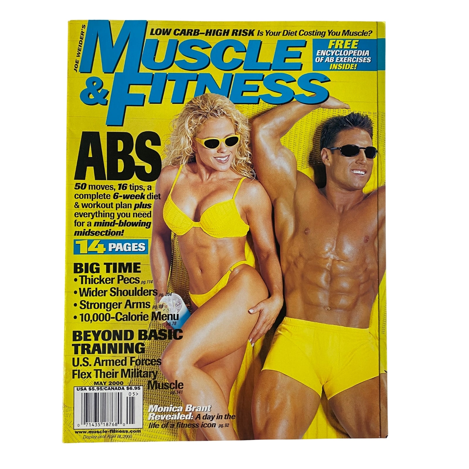 Cover of Muscle & Fitness Magazine May 2000 featuring Monica Brant and Brad Baker, showcasing fitness tips, diet advice, and a complete encyclopedia of ab exercises.