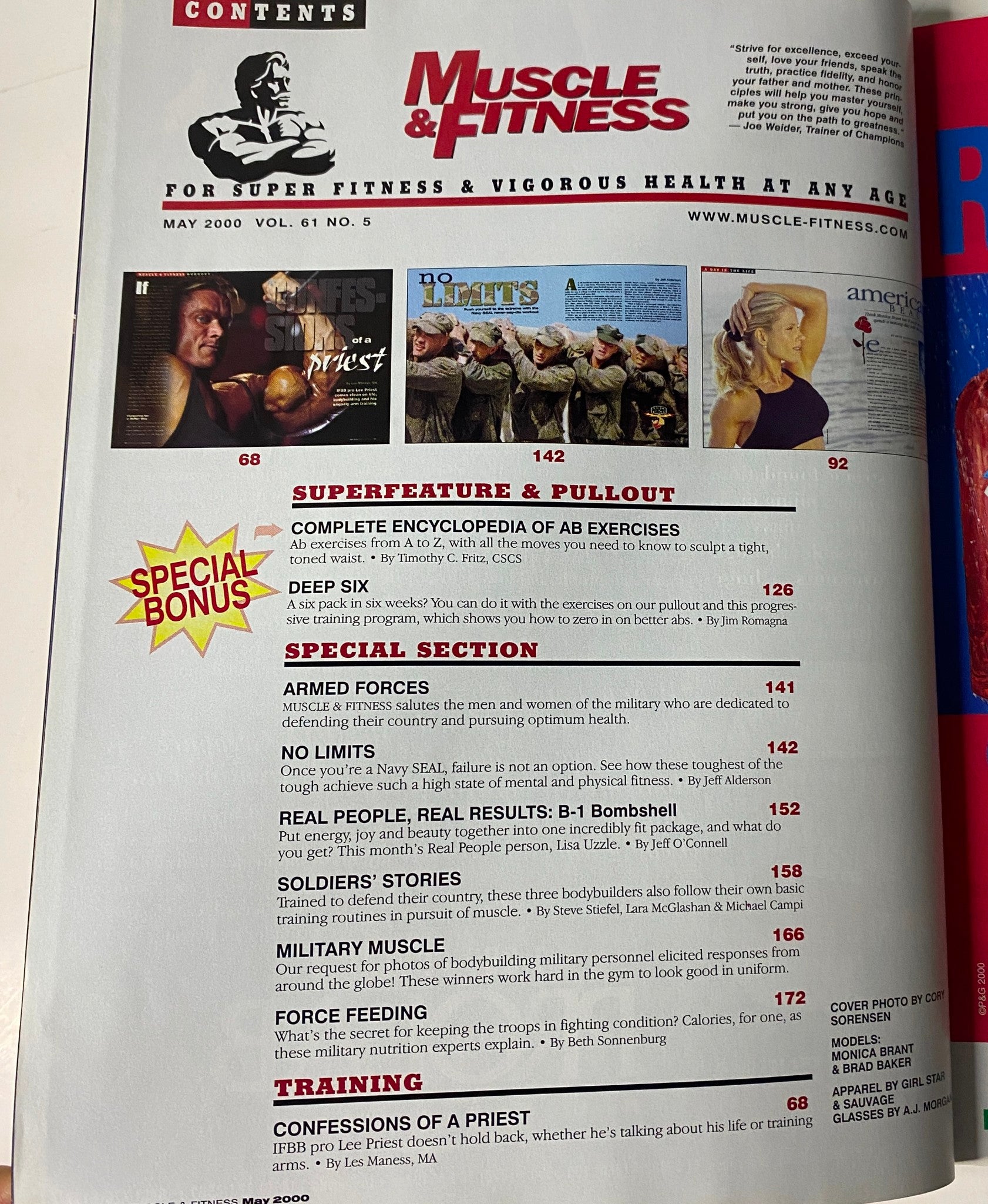 Contents page of Muscle & Fitness Magazine May 2000 displaying feature articles including the Superfeature on ab exercises and military fitness section.